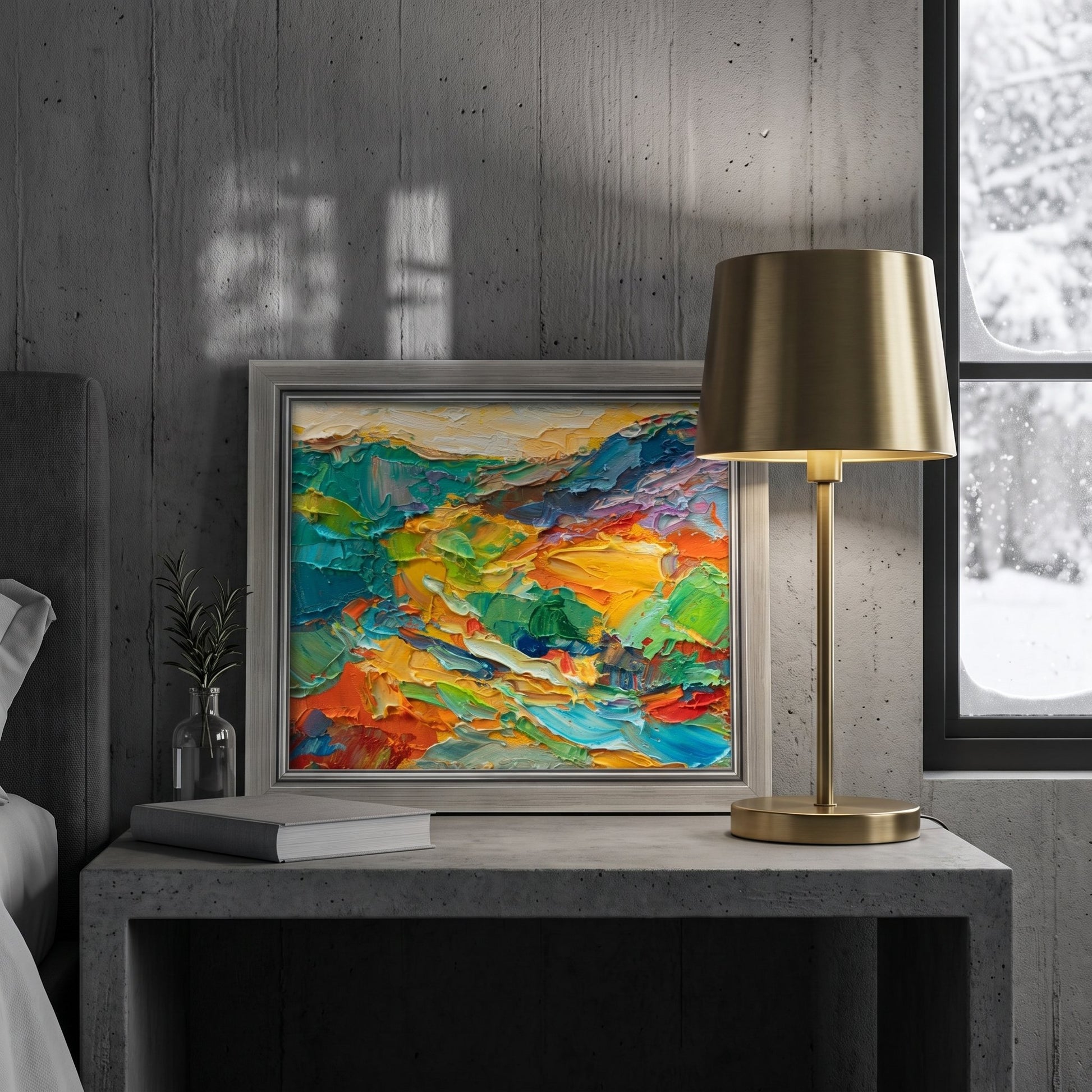 Industrial bedroom, minimalist decor — vibrant abstract landscape painting adds warmth and color contrast to raw concrete space