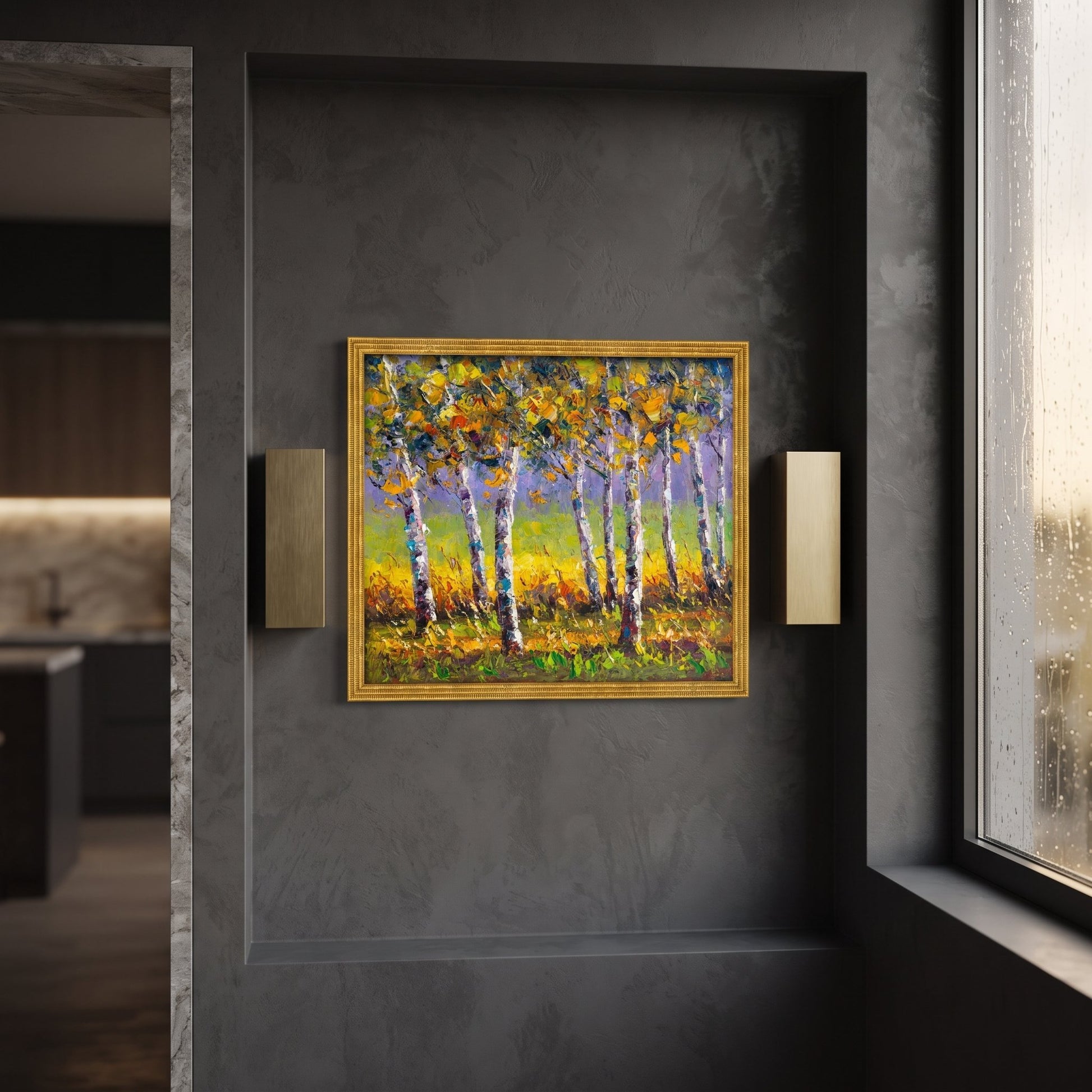 Contemporary entryway — vibrant Impressionist landscape transforms dark walls with warm autumn colors and expressive texture