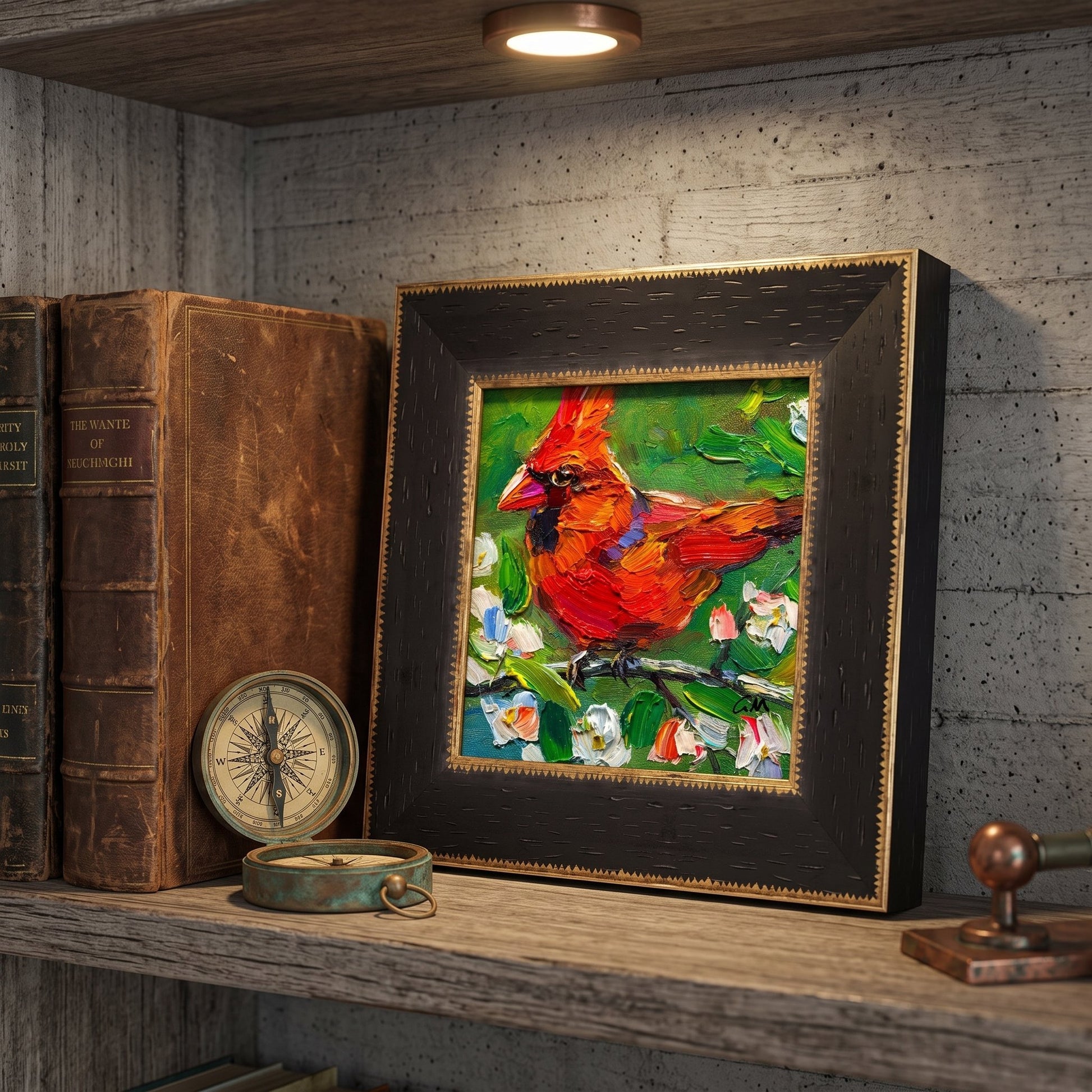 Rustic farmhouse study — vibrant cardinal painting adds color and life to a curated bookshelf display