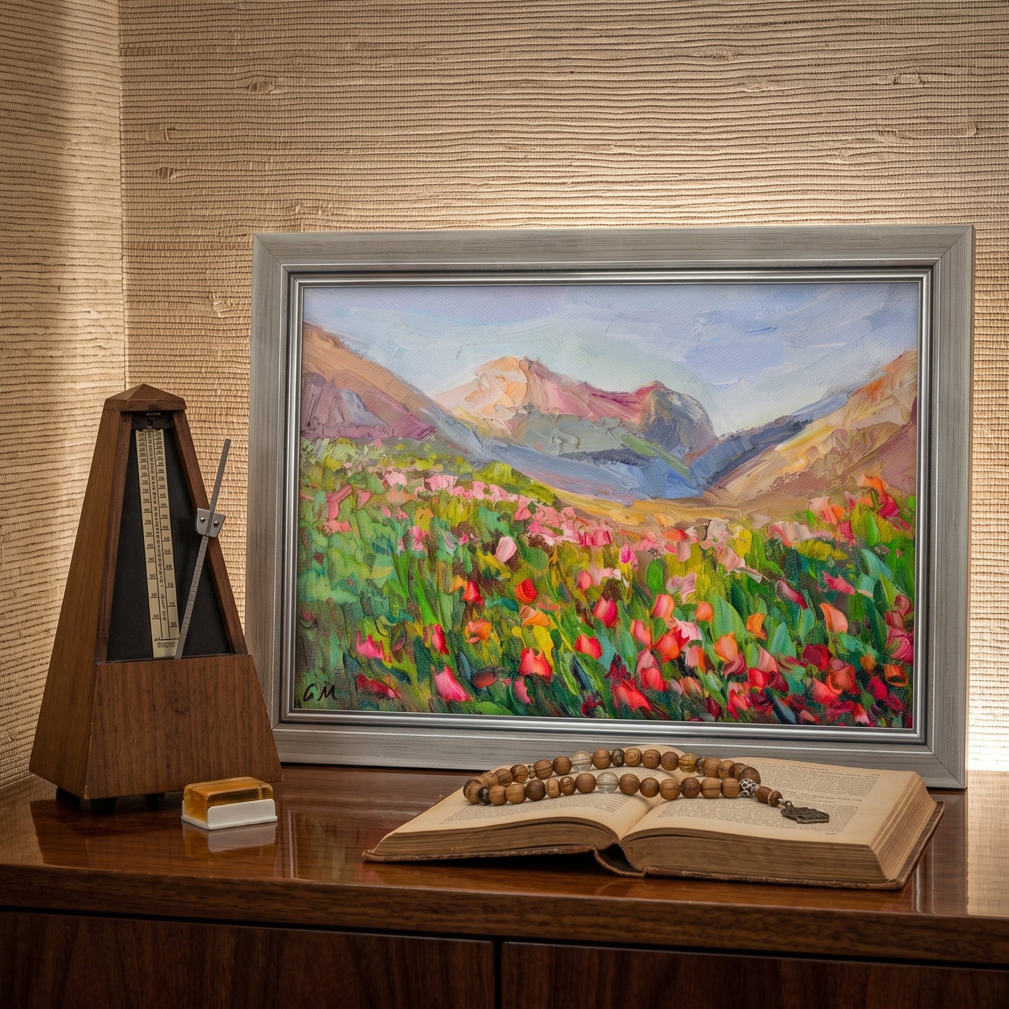 Study, rustic farmhouse — vibrant Impressionist landscape adds color and serenity to warm wooden interior