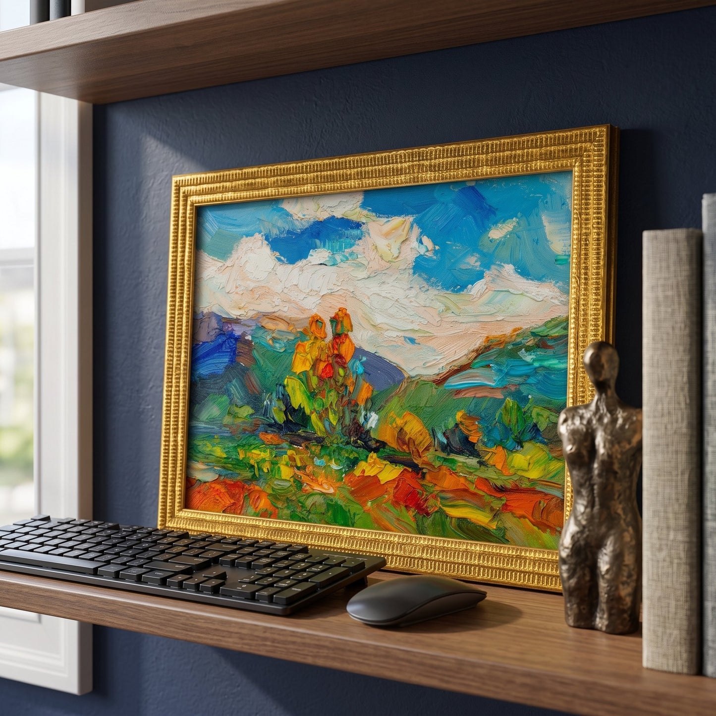 Contemporary home office — vibrant Impressionist landscape adds color and energy to minimalist workspace