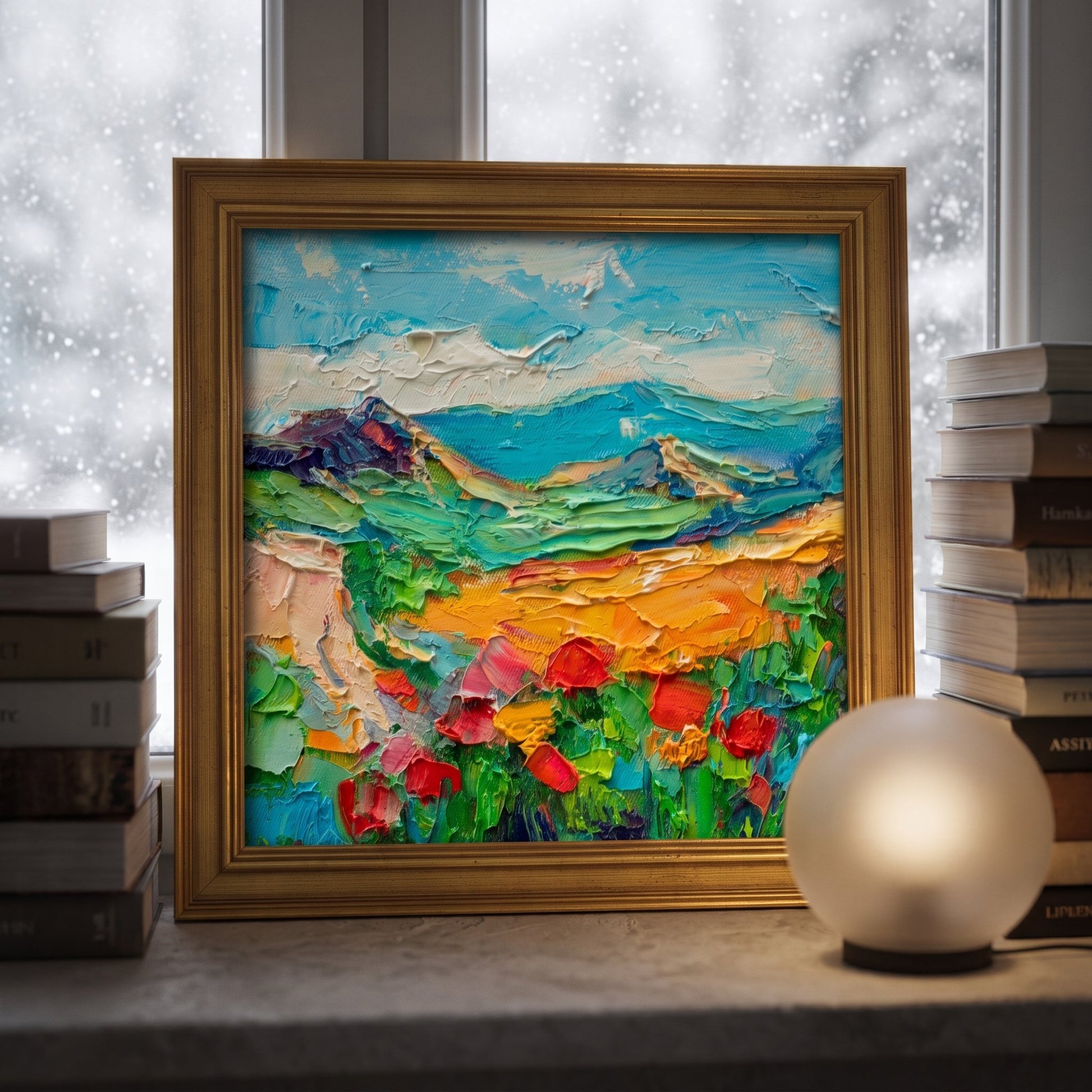 Contemporary study reading nook — vibrant Impressionist landscape painting adds warmth and color to a minimalist space