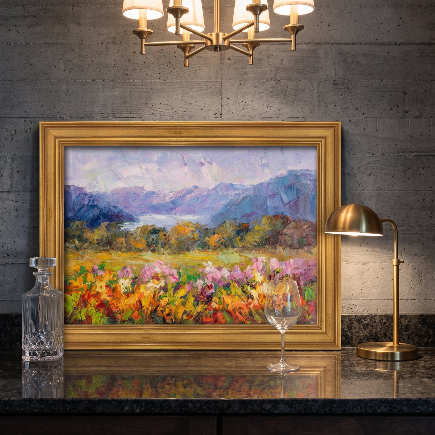 IndustrialLoftBar — VibrantImpressionistLandscapeAddsColorAndLifeToModernSpace
