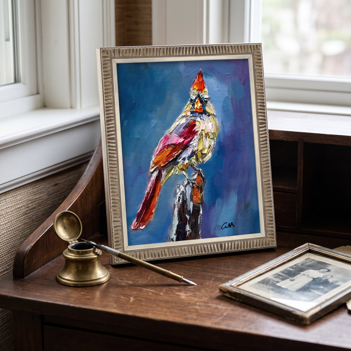 Vintage study — expressive cardinal painting adds vibrant energy and artistic depth to classic decor