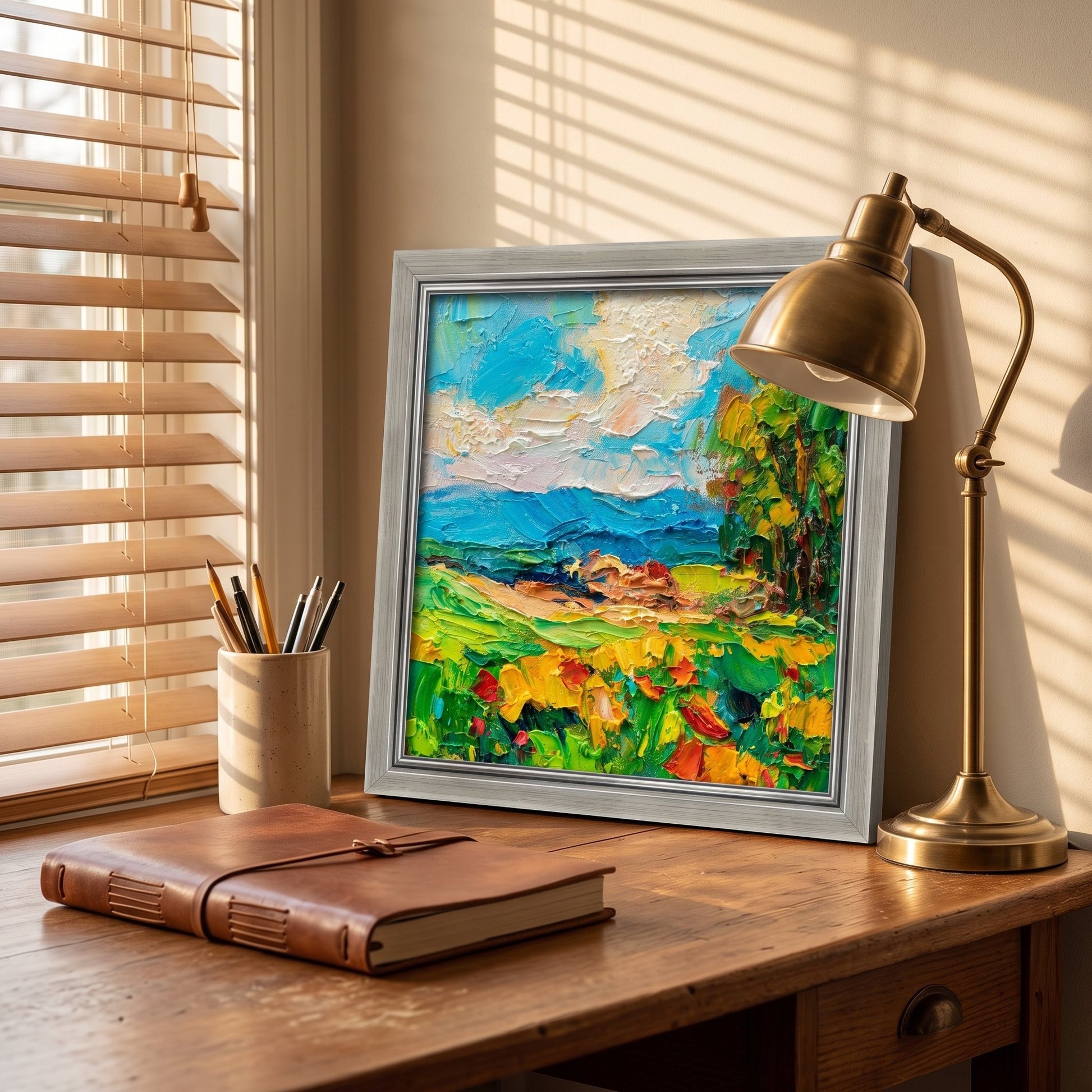RusticFarmhouseHomeOffice — VibrantImpressionistLandscapePaintingAddsColorAndLifeToCreativeSpace