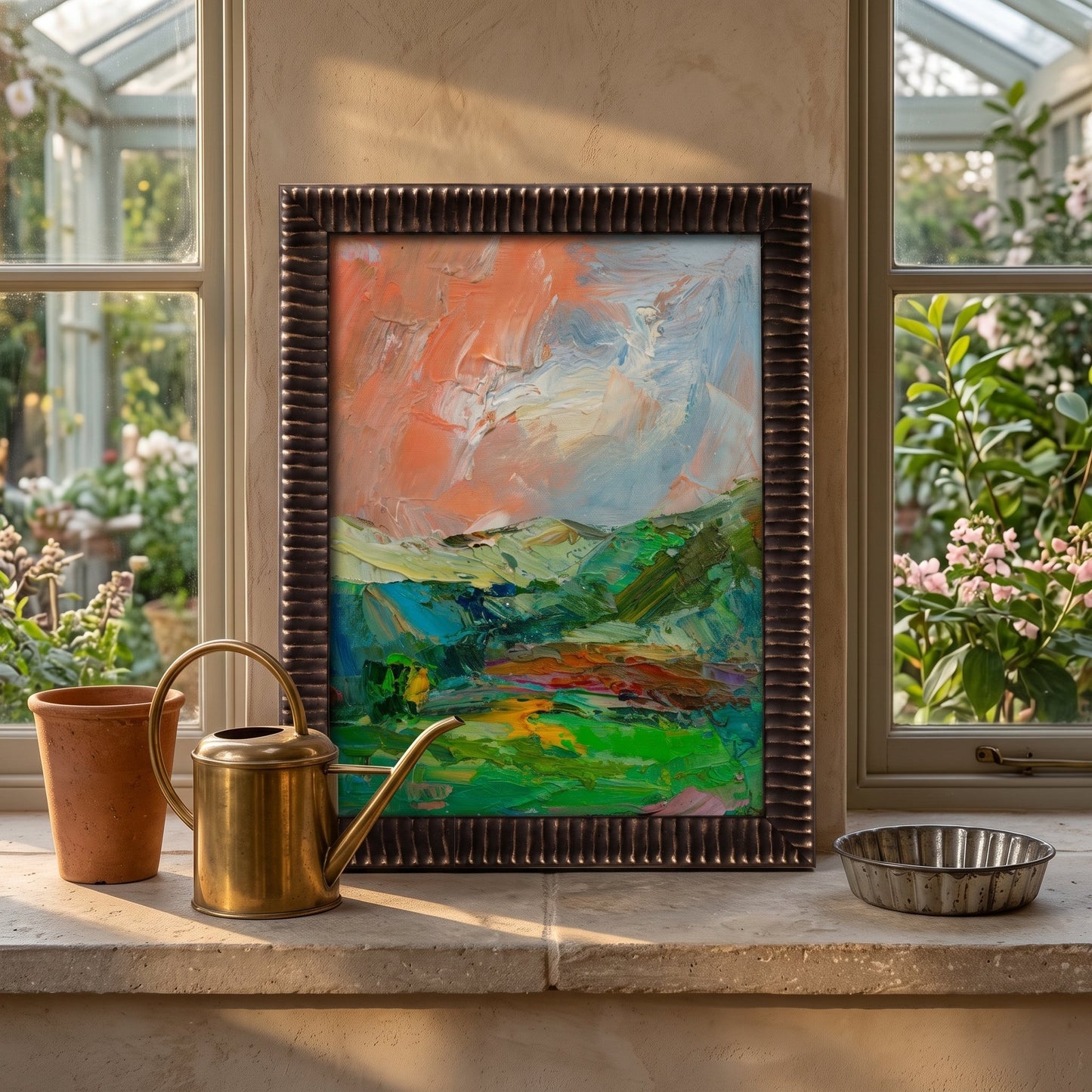 Greenhouse living space — expressive landscape painting brings vibrant energy to serene botanical setting
