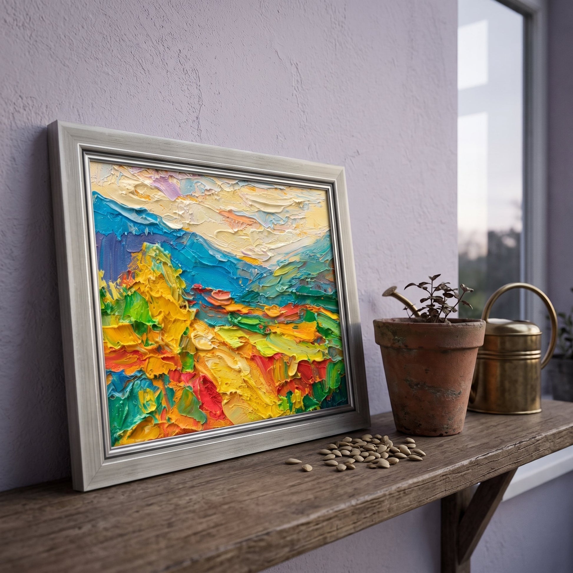 Rustic farmhouse entryway — vibrant Impressionist landscape transforms space with bold color and texture