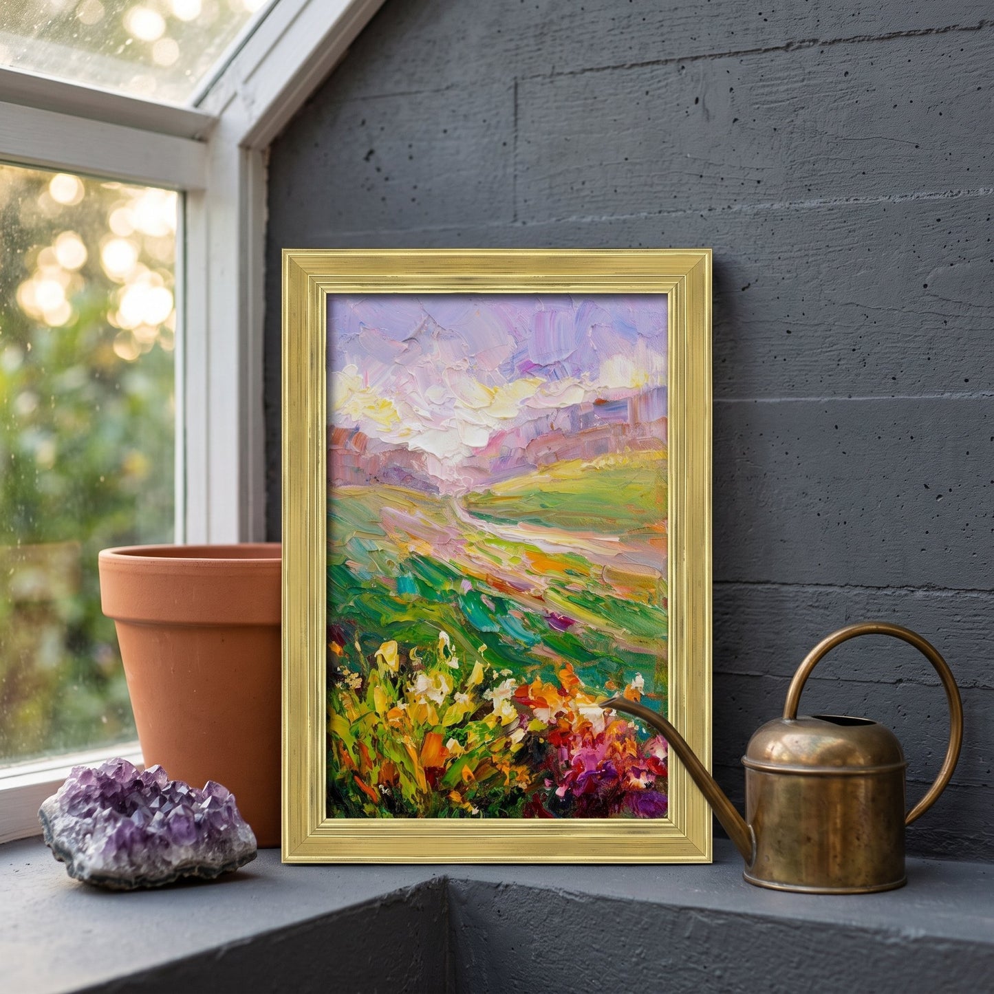 Sunroom, rustic-industrial — vibrant Impressionist landscape elevates the space with natural color and texture