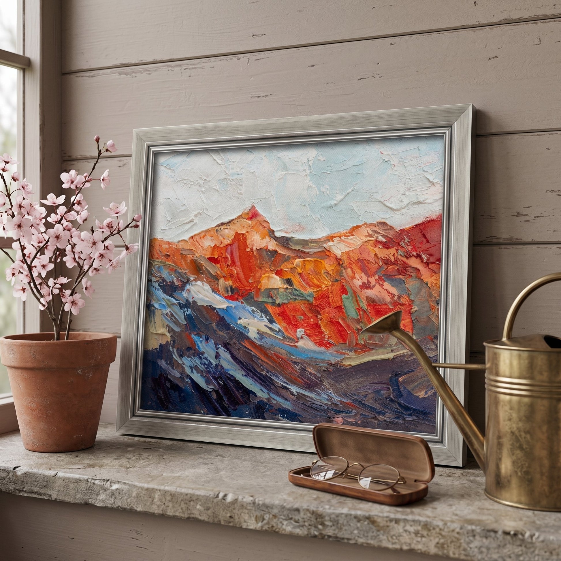 Rustic Farmhouse Entryway — Vibrant expressionist landscape elevates the space with bold colors and textured brushwork