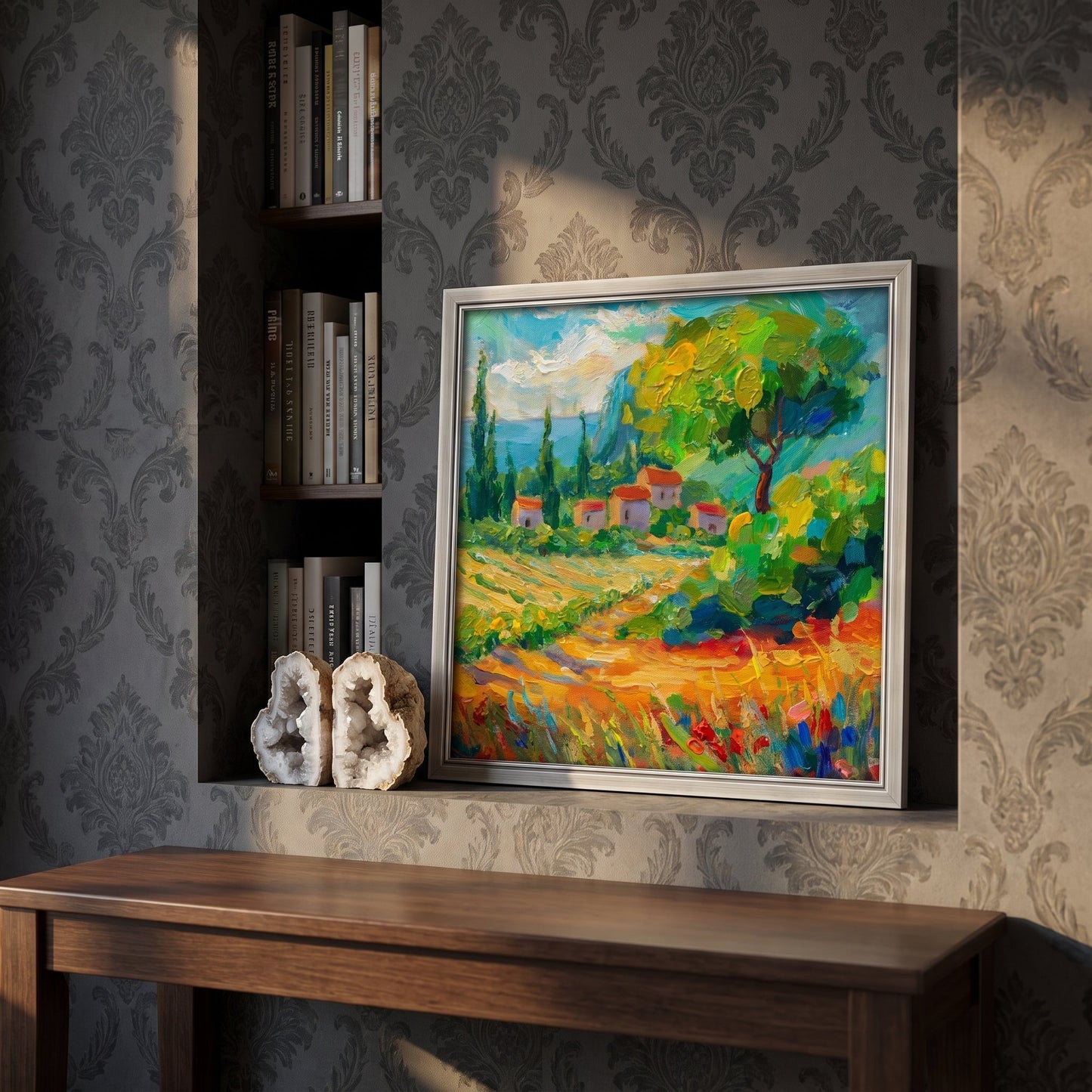 Entryway with traditional decor — vibrant Impressionist landscape adds color and life to the space