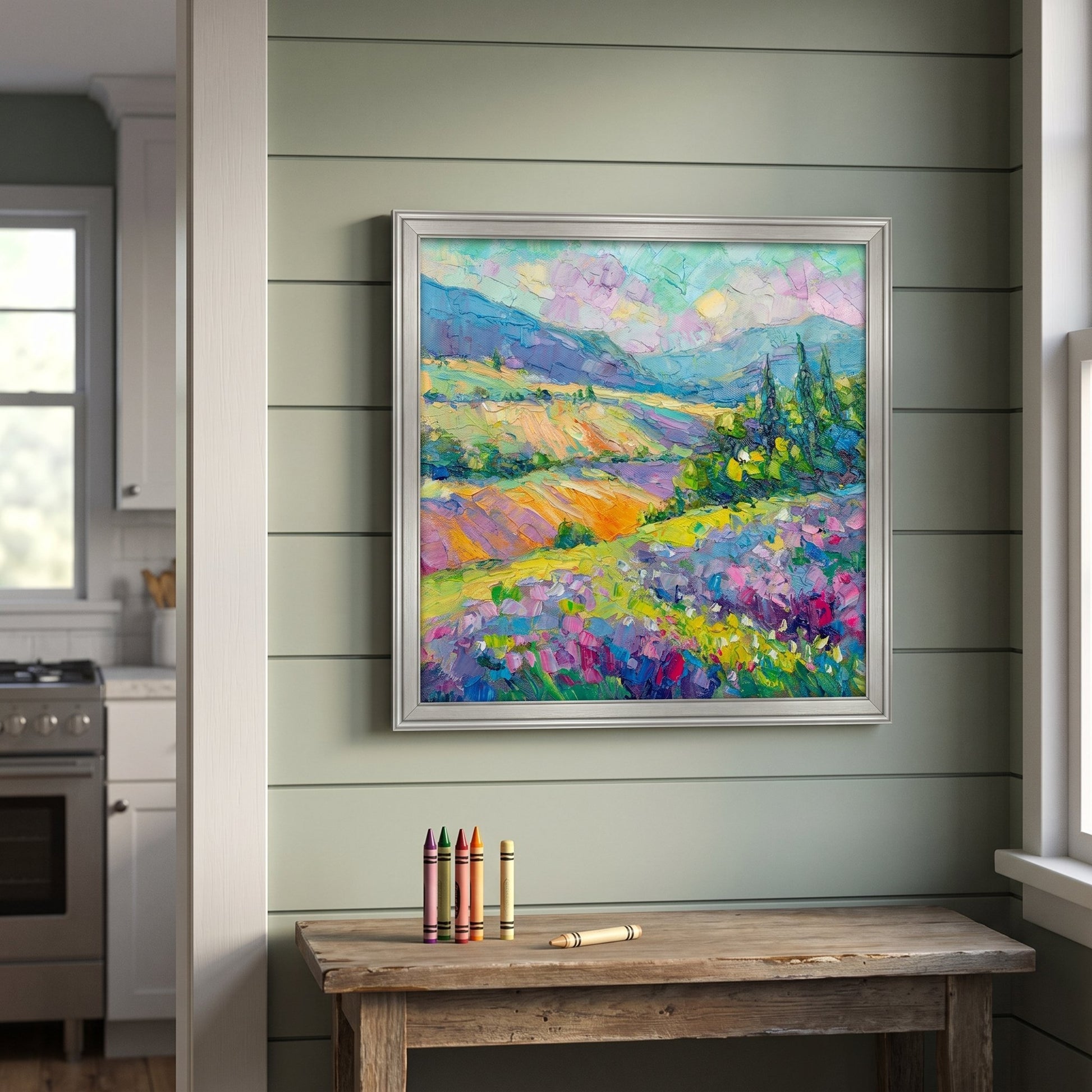 Farmhouse entryway — vibrant Impressionist landscape transforms space with colorful fields and natural light