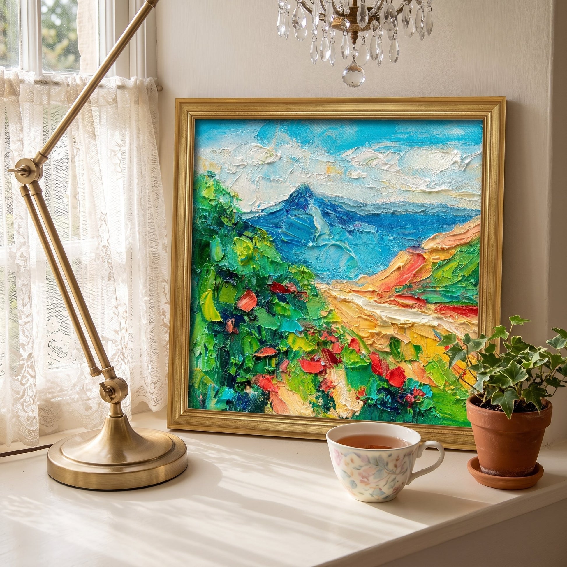 Vintage-inspired bedroom — vibrant Impressionist landscape painting brings warmth and nature indoors