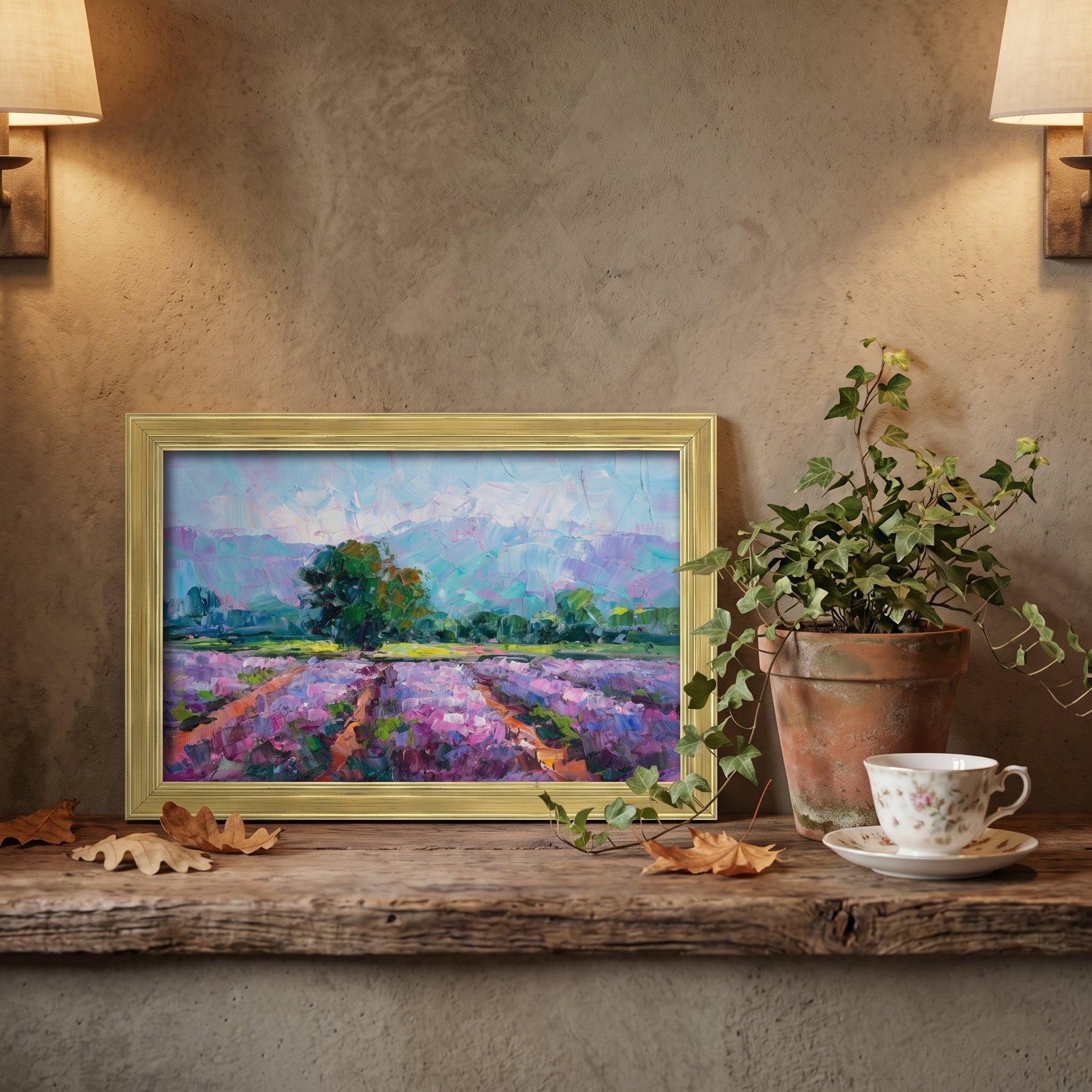 Rustic Farmhouse Entryway — Original Impressionist Landscape Elevates Space with Purple Lavender Fields and Warm Ambient Light