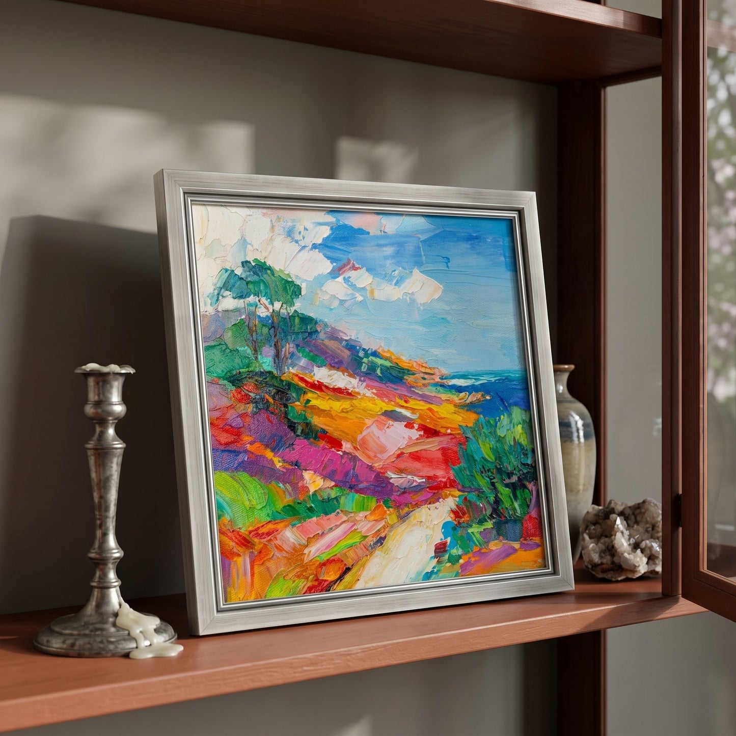 Contemporary living room — vibrant Impressionist landscape adds color and energy to minimalist space