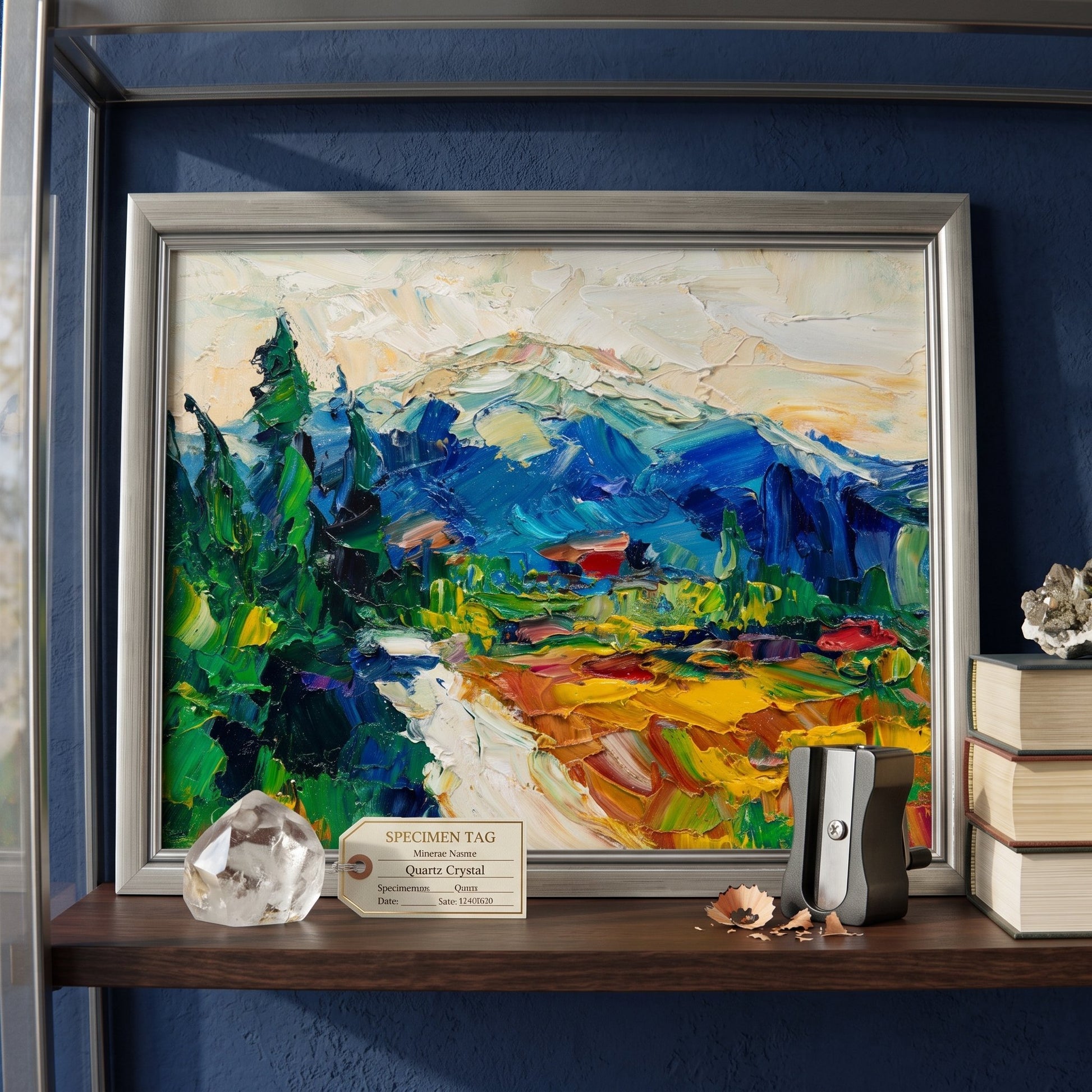 Contemporary study — Vibrant expressionist landscape painting elevates the space with bold color and texture