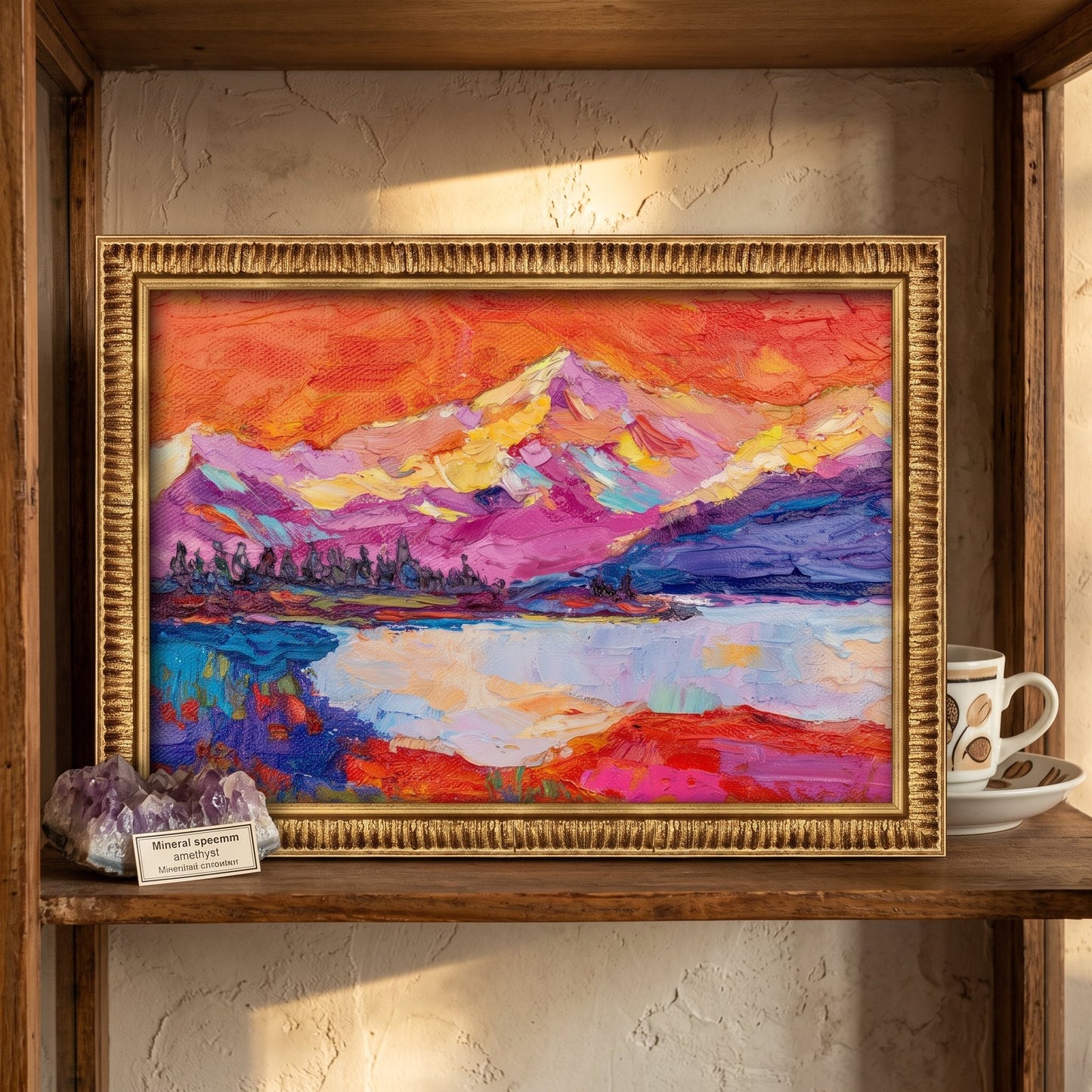 Rustic Farmhouse Entryway — Vibrant expressionist landscape painting adds warmth and artistic energy to the space