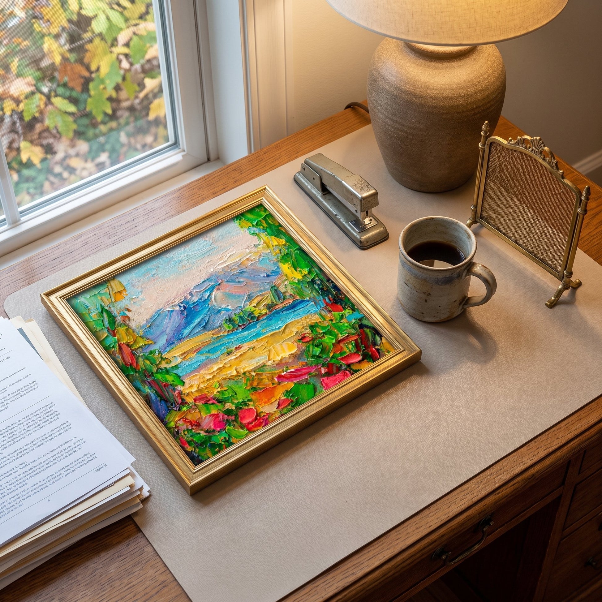 Home office, rustic farmhouse — vibrant Impressionist landscape painting adds color and energy to a warm, natural workspace