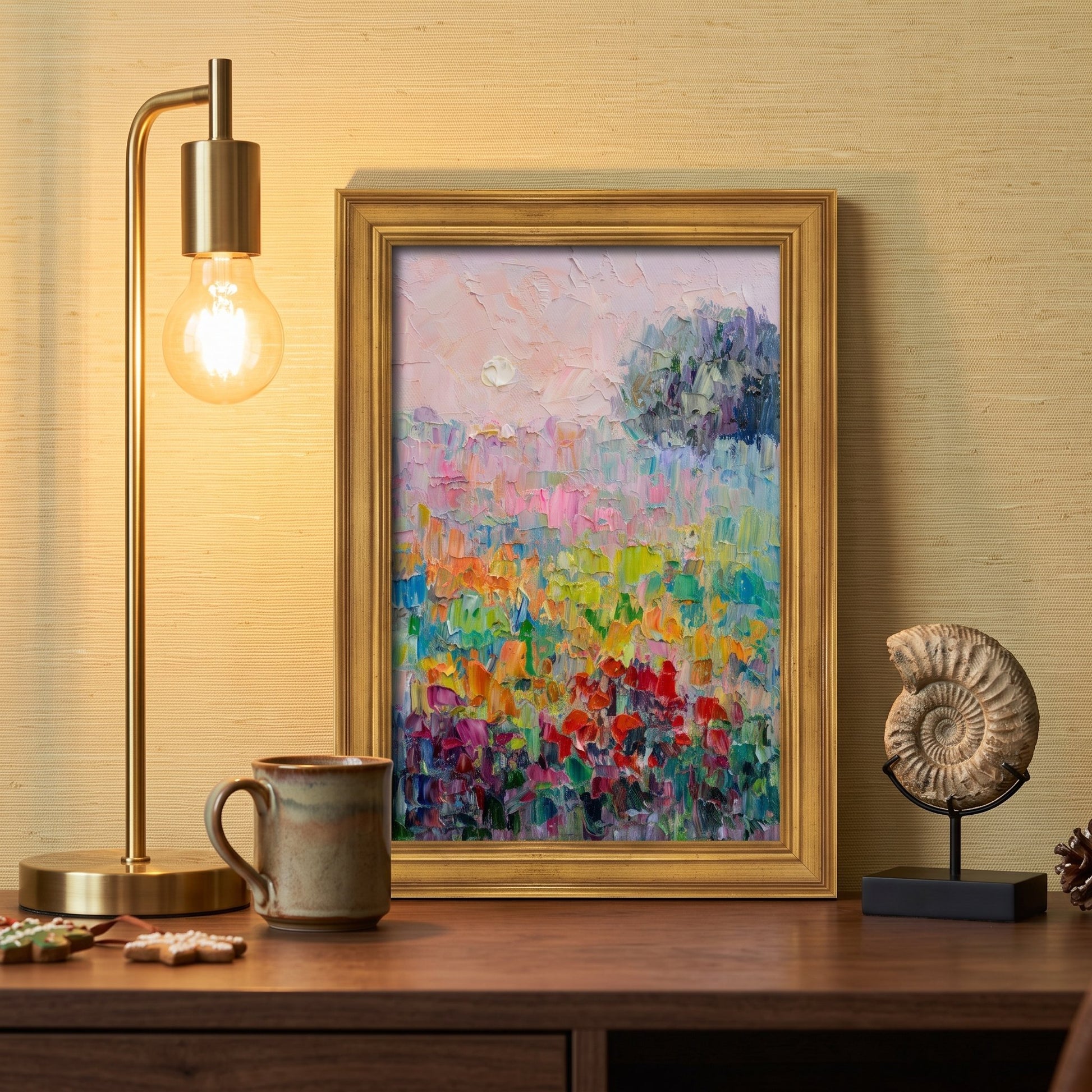 Contemporary study — vibrant Impressionist landscape elevates warm, minimalist space with colorful floral energy