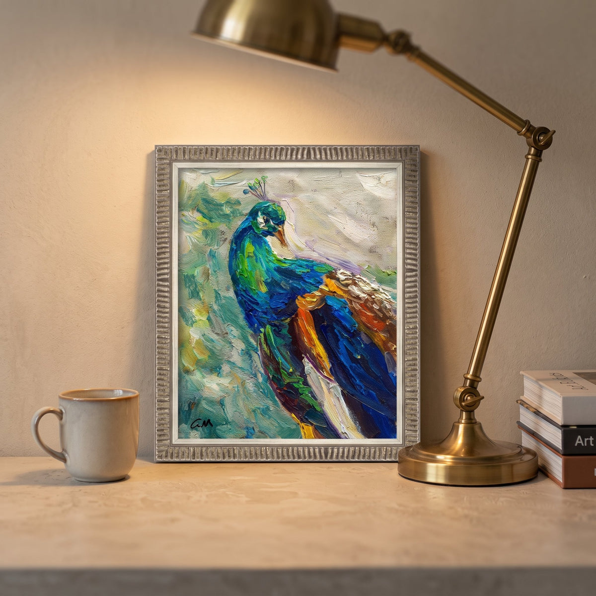 Home office, minimalist — Vibrant peacock painting adds color and life to a serene workspace