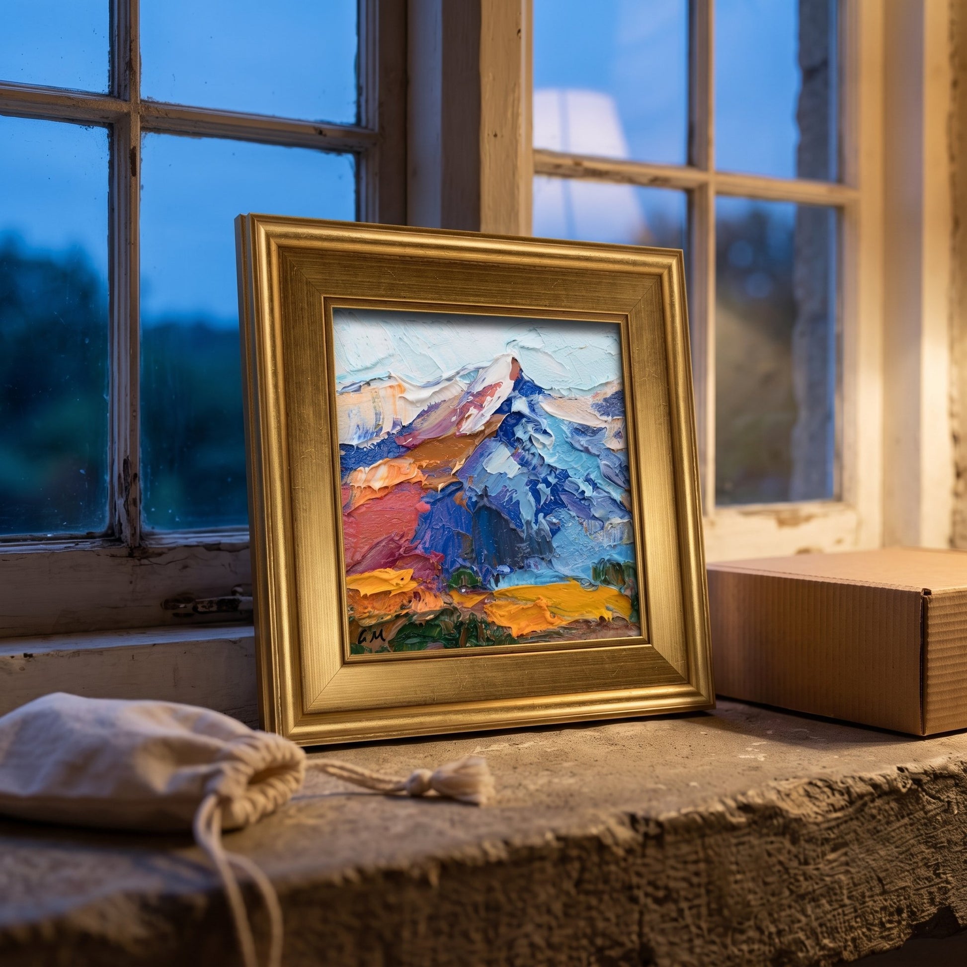 Rustic farmhouse entryway — expressive mountain landscape painting adds vibrant color and soulful artistry to the space