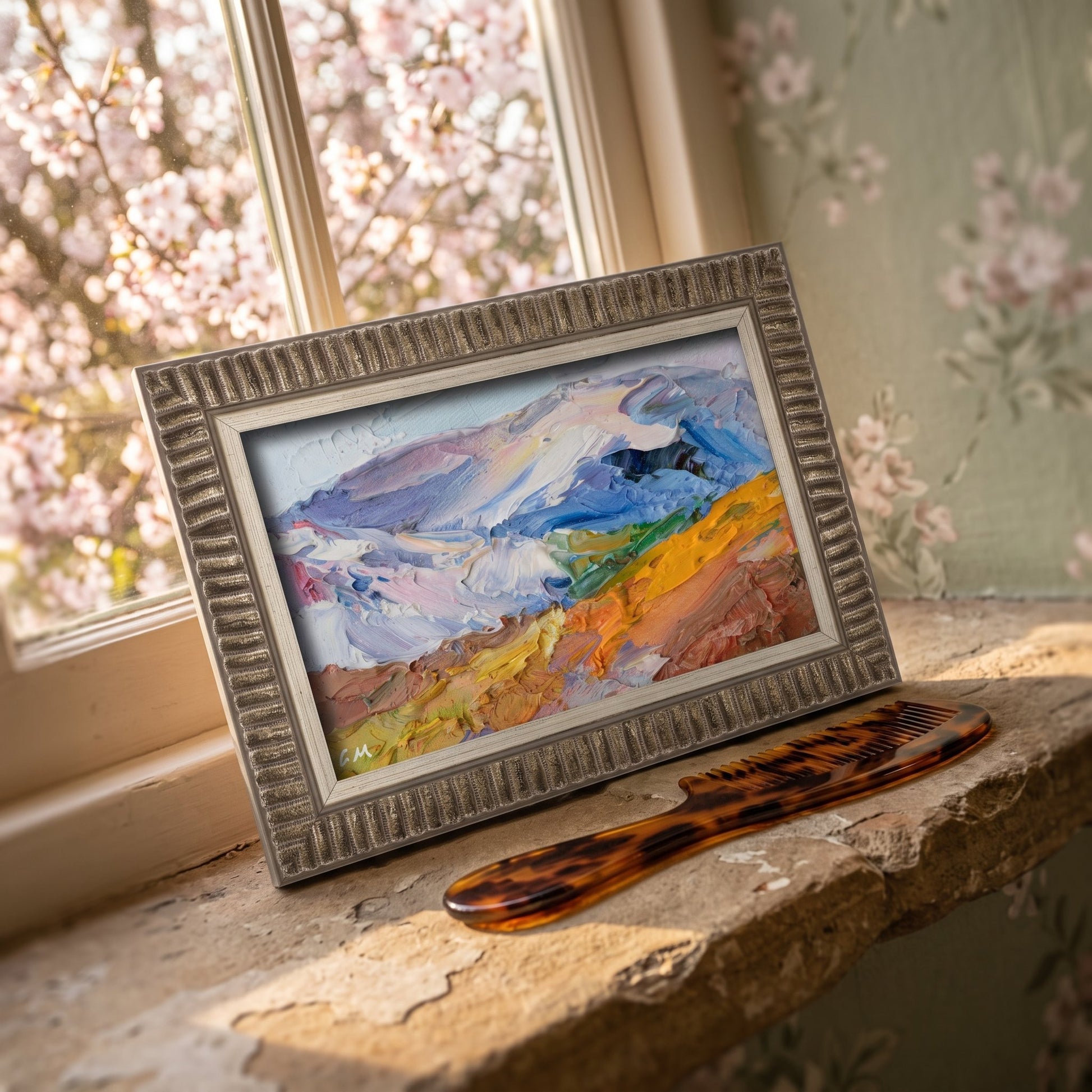 Vintage bedroom, floral decor — expressive landscape painting adds vibrant energy to a serene, sunlit space