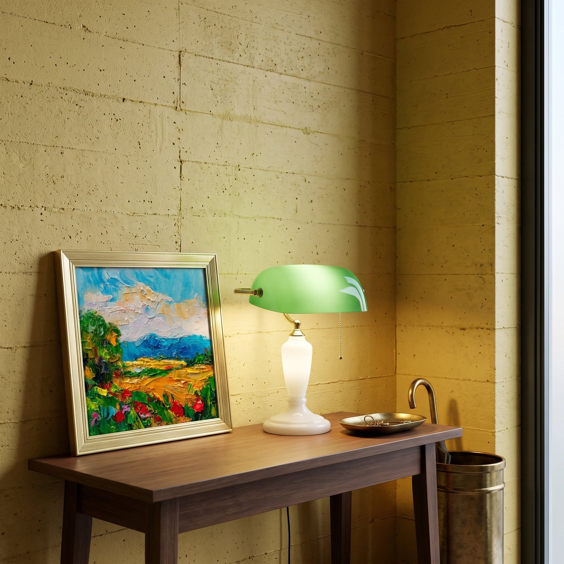 Minimalist entryway — vibrant Impressionist landscape painting transforms neutral space with color and texture