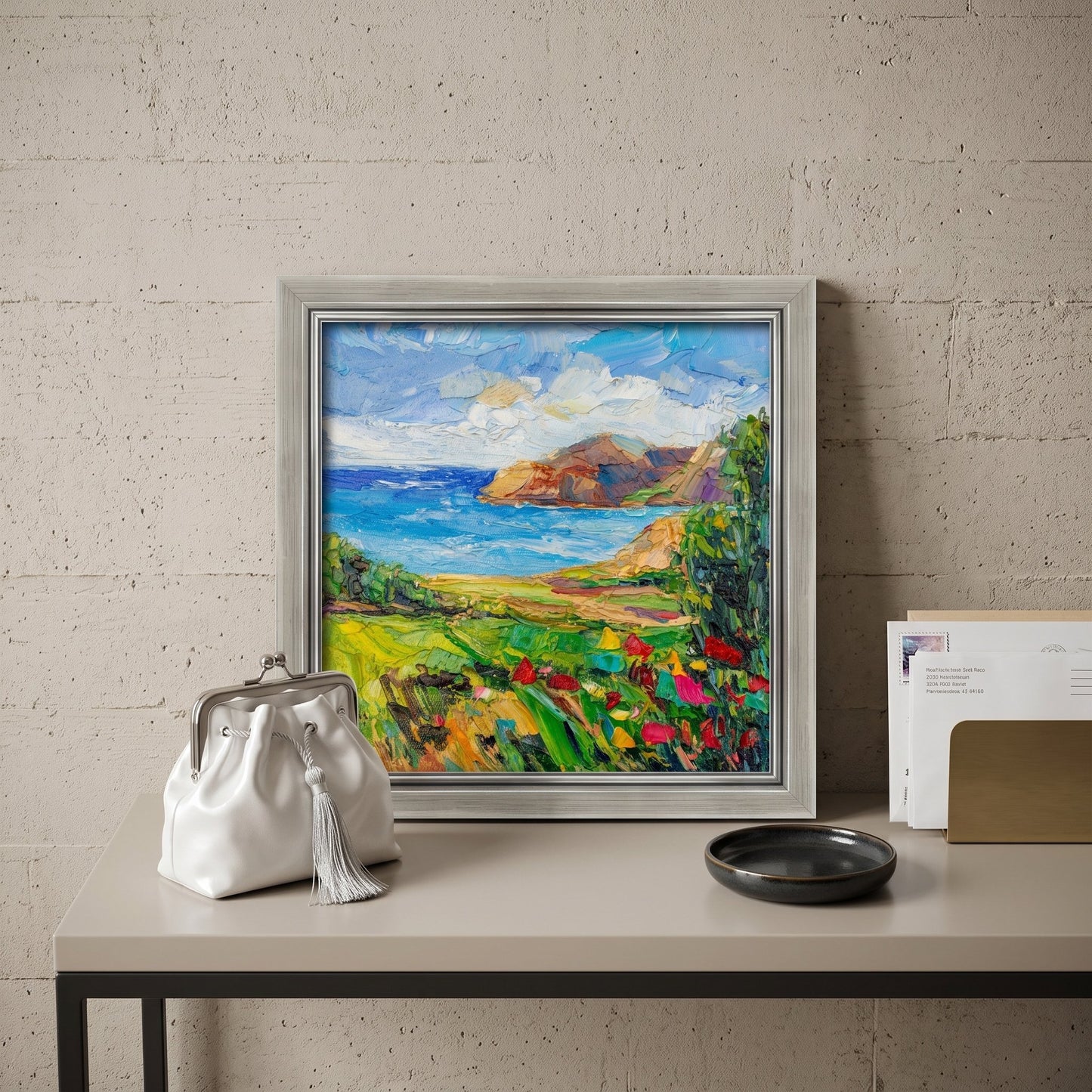Minimalist entryway — vibrant Impressionist landscape transforms neutral space with color and life