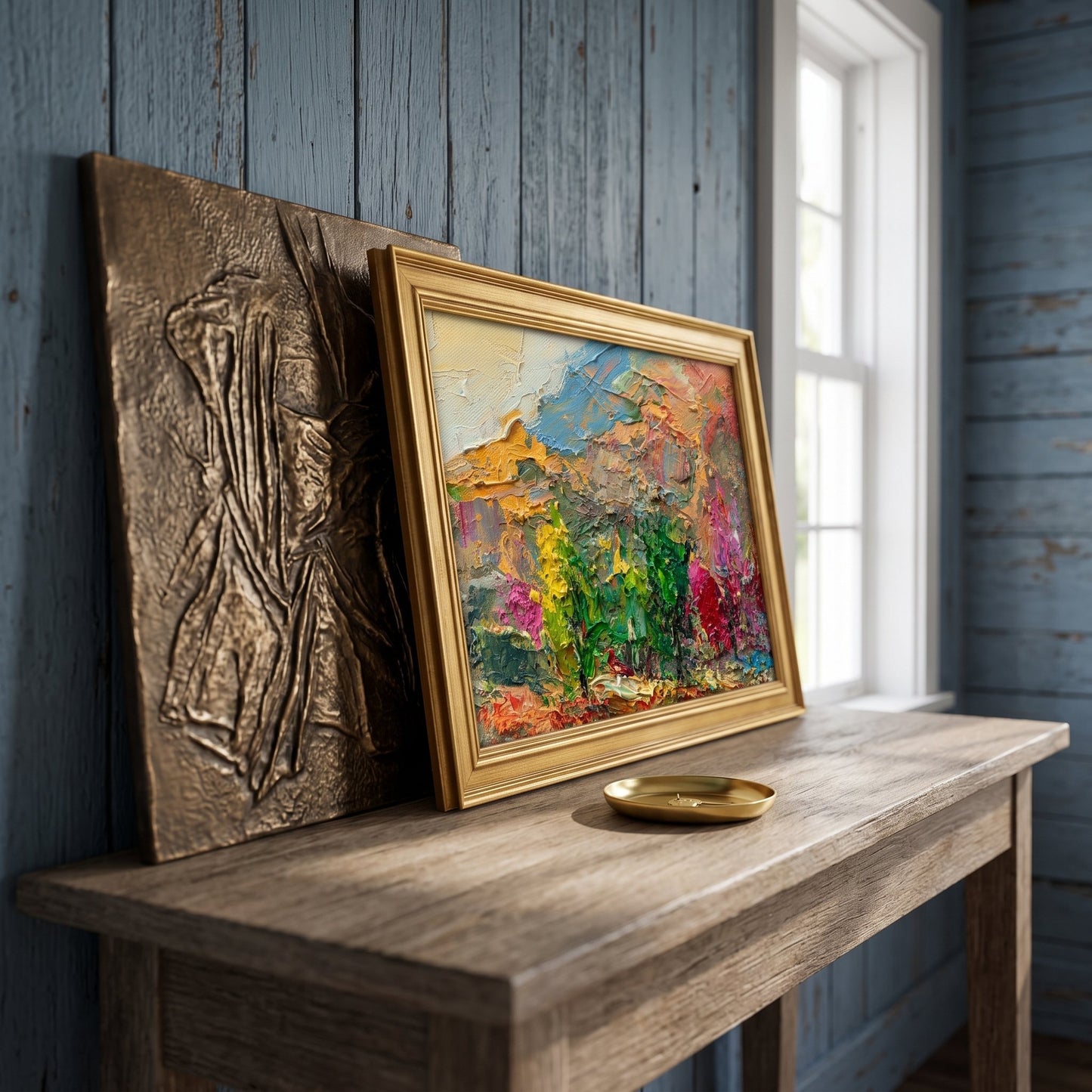 Rustic Farmhouse Entryway — Vibrant Expressionist Landscape Adds Color and Energy to Weathered Wood Interior