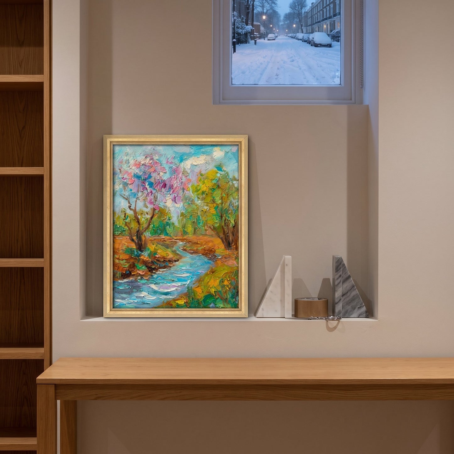 Contemporary entryway — vibrant Impressionist landscape painting adds warmth and color contrast to minimalist decor