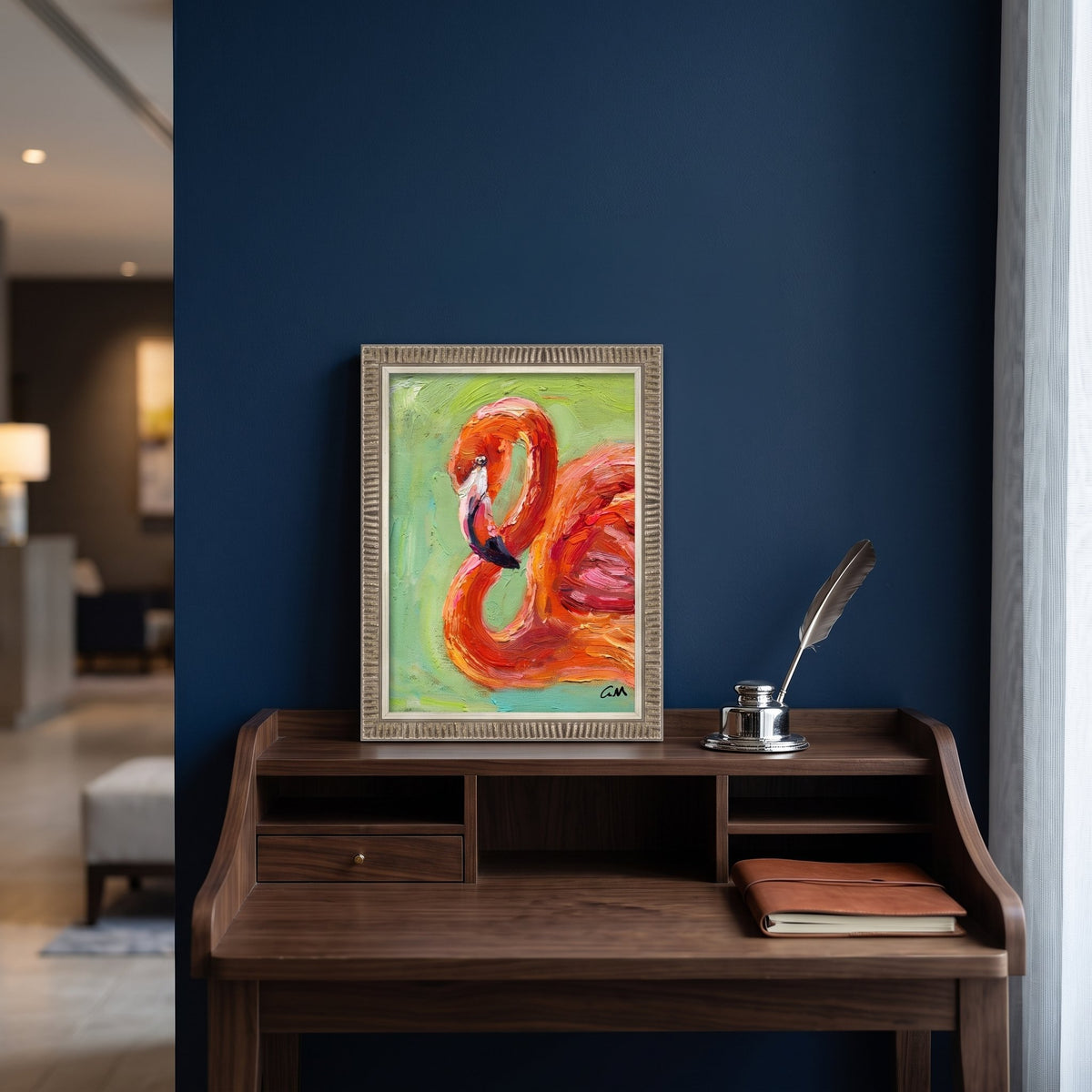 Contemporary home office — Vibrant expressionist flamingo painting adds color and personality to a sophisticated workspace