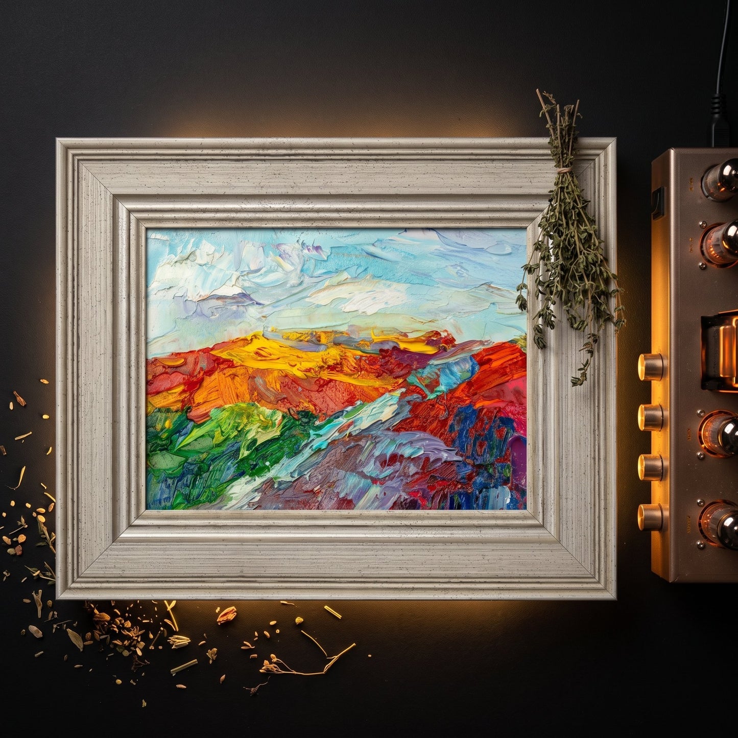 Industrial loft study — vibrant expressionist landscape painting adds bold color and texture as a dramatic focal point