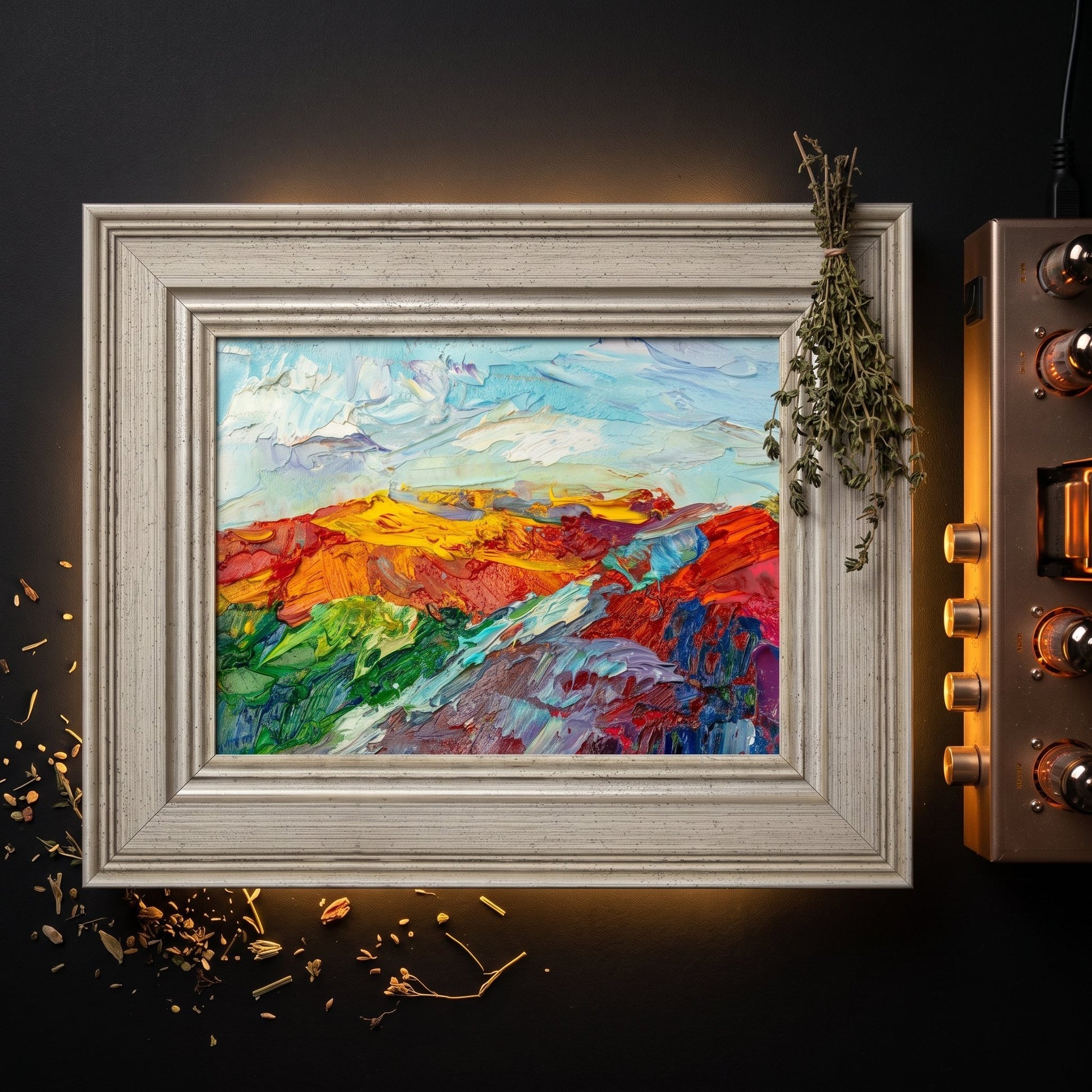 Industrial loft study — vibrant expressionist landscape painting adds bold color and texture as a dramatic focal point
