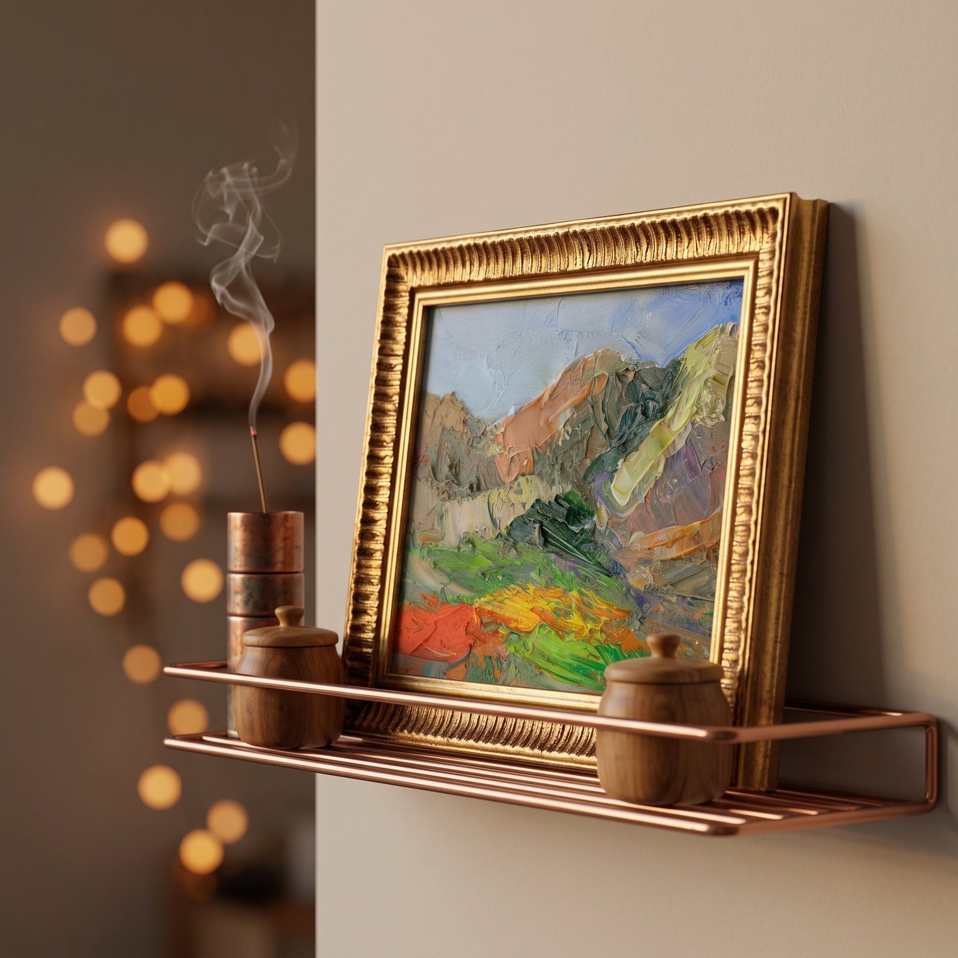 Minimalist living room — expressive landscape painting adds vibrant color and texture to a serene, softly lit space