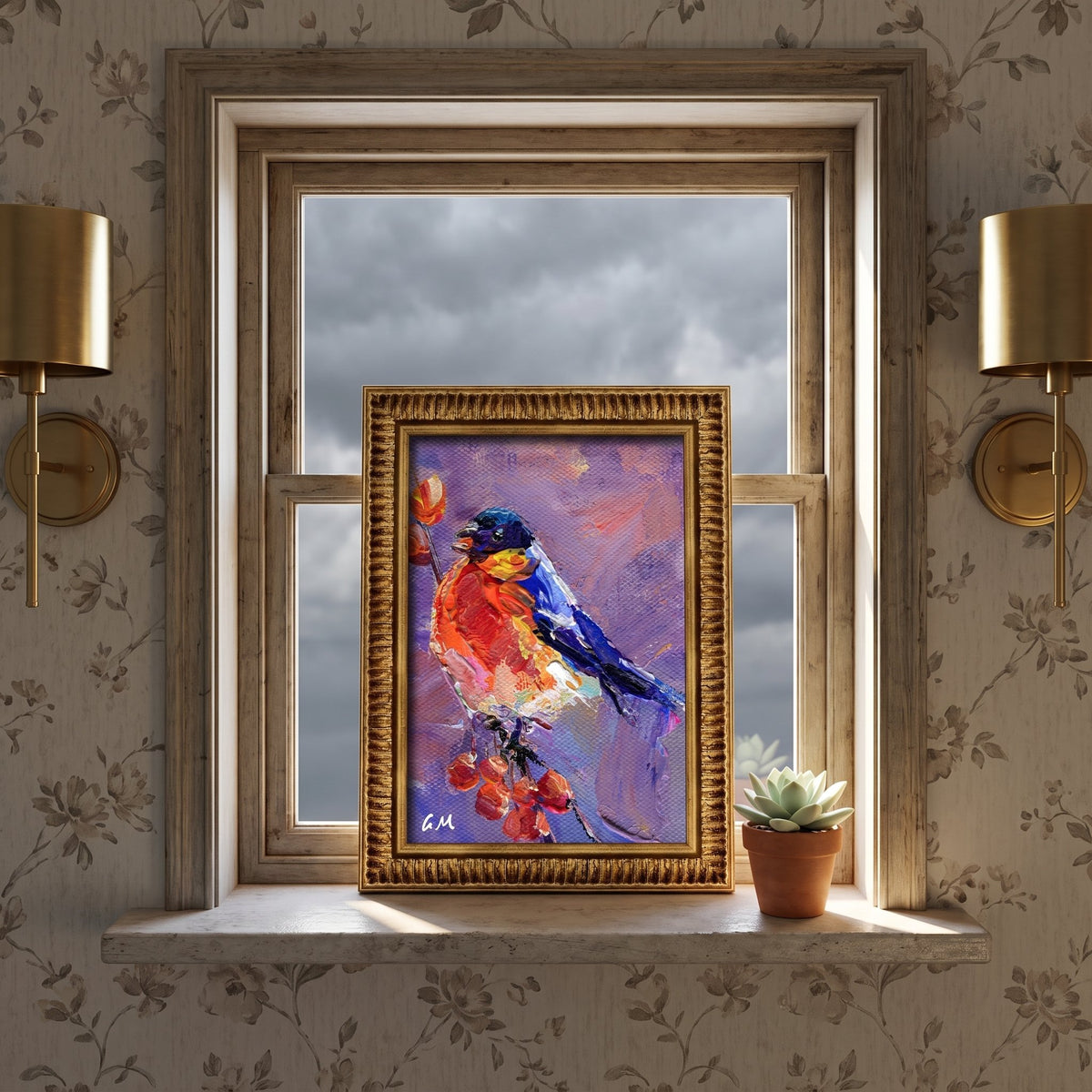 A vividly painted bird in red, blue, and purple hues rests on a windowsill beside a potted succulent, framed in gold against a cloudy sky view.