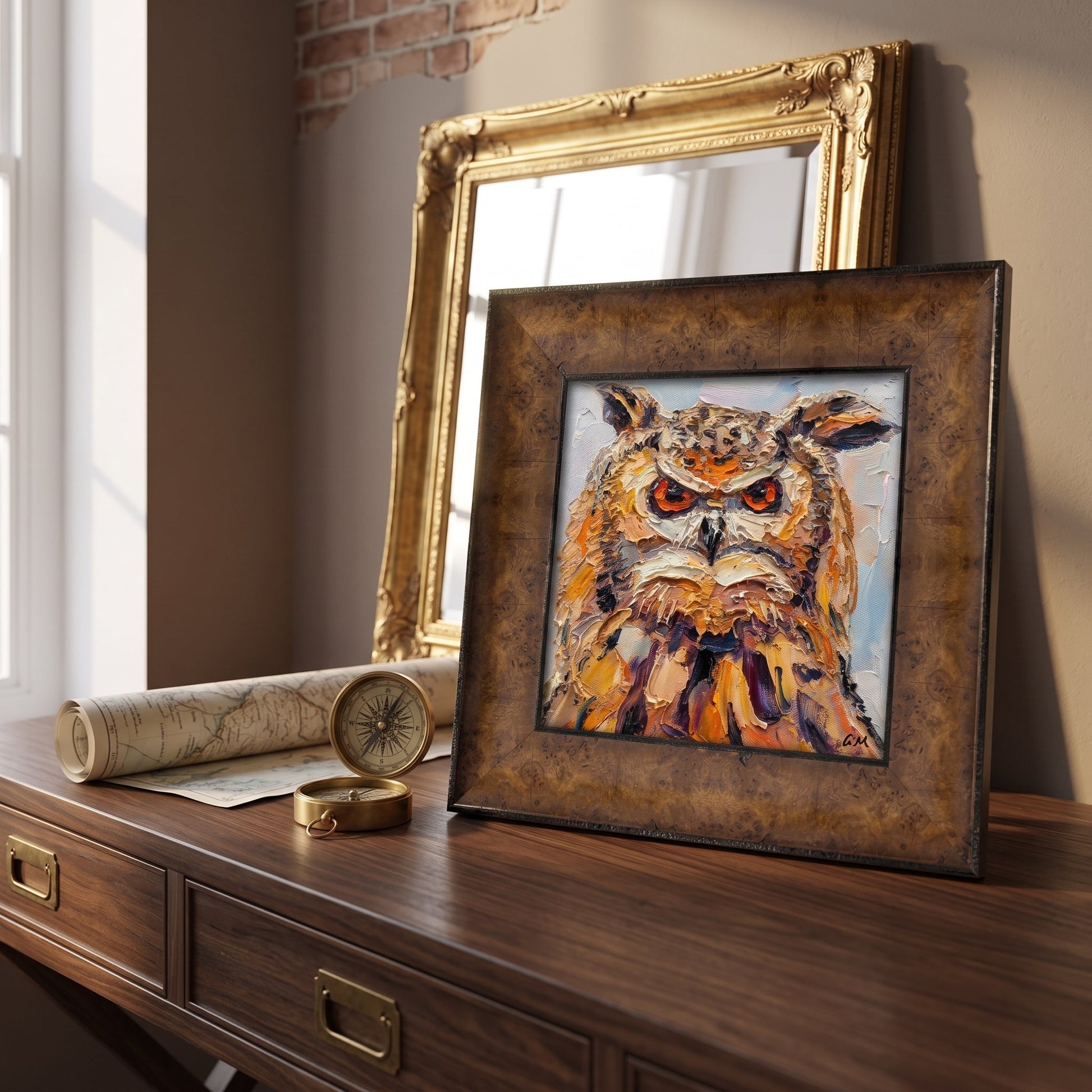 A vividly textured oil painting of an owl with fiery orange eyes rests on a wooden console table in a sunlit study, framed in aged bronze.