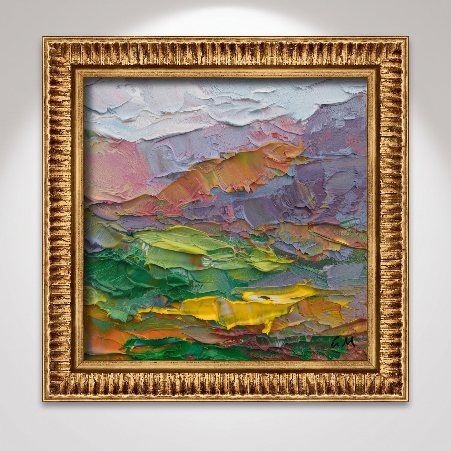 Contemporary living room — expressionist landscape painting adds vibrant texture and color as a striking focal point