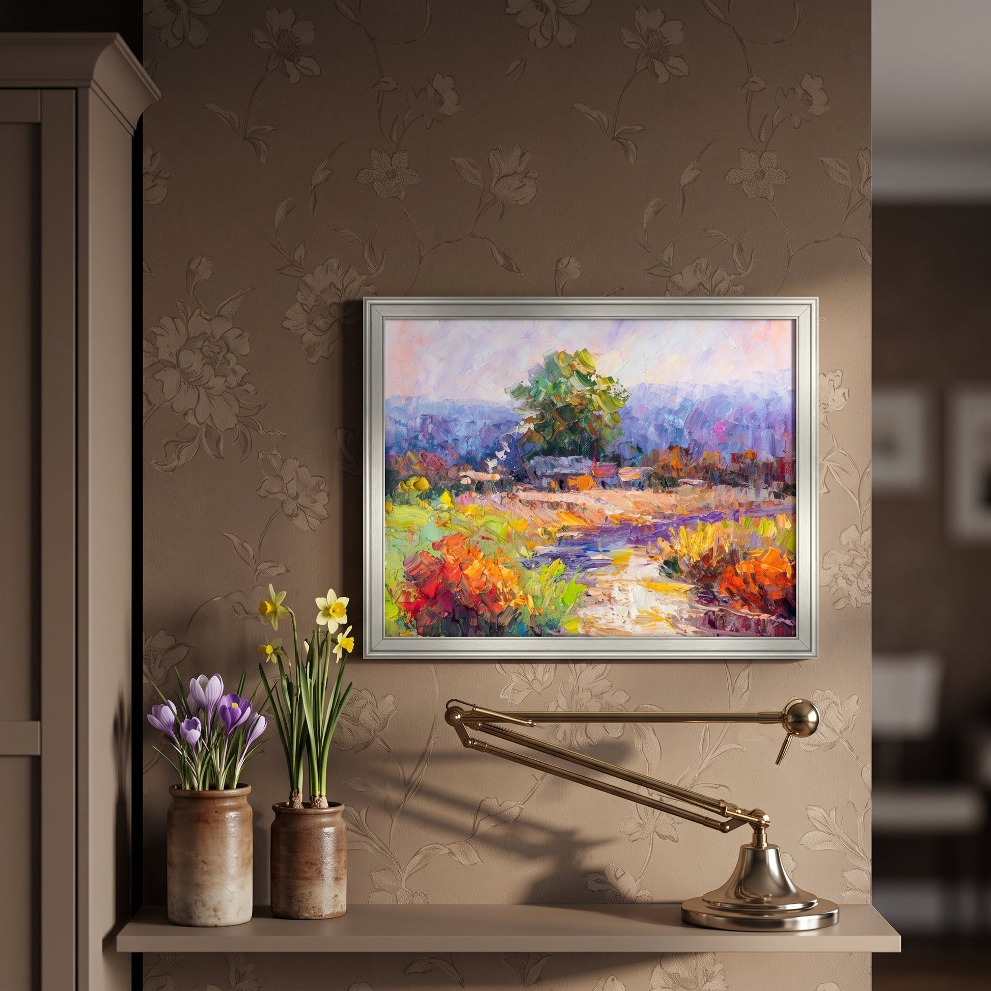 Contemporary entryway — vibrant Impressionist landscape adds color and warmth to neutral-toned space