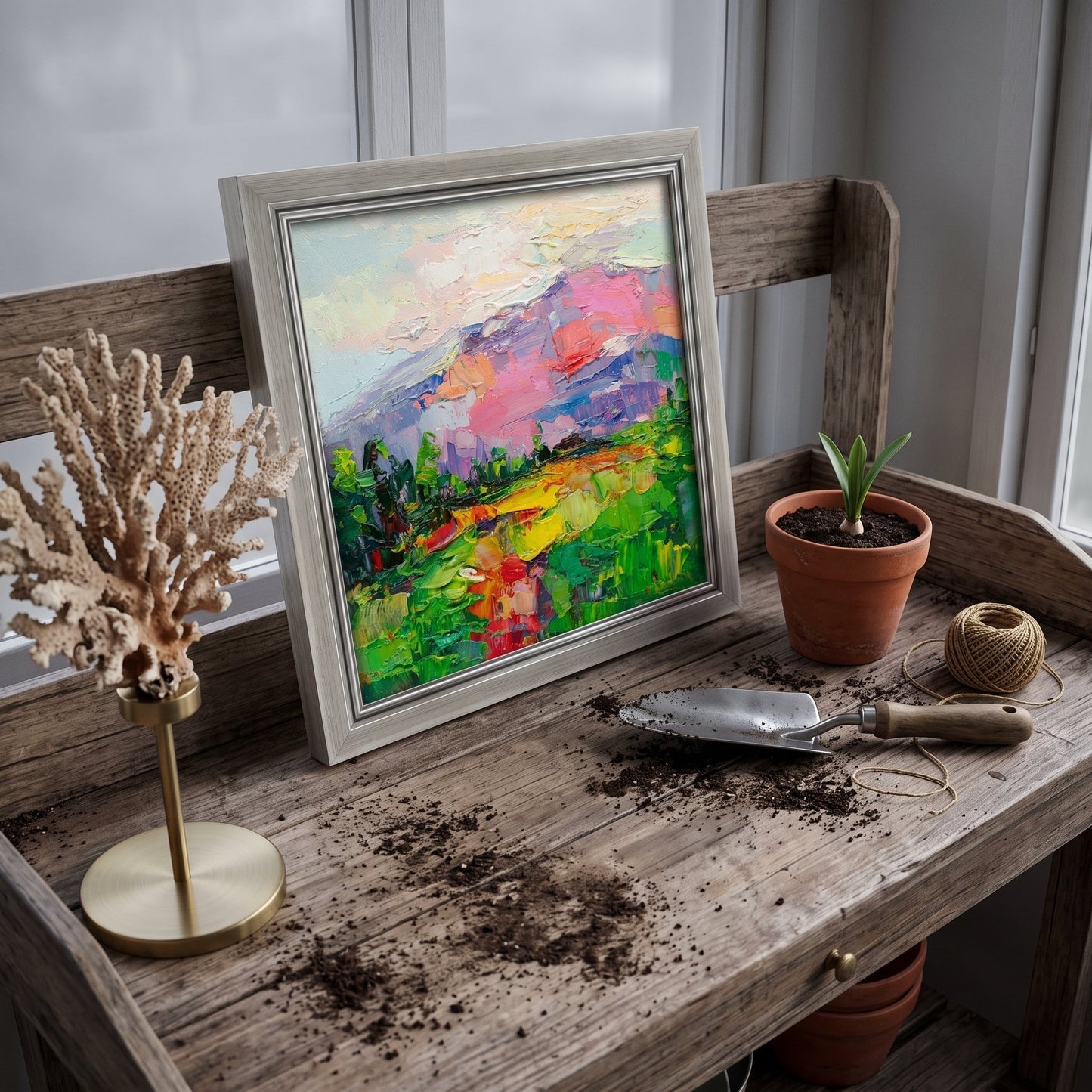 Rustic farmhouse entryway — vibrant Impressionist landscape painting elevates natural wood console with bold color and texture