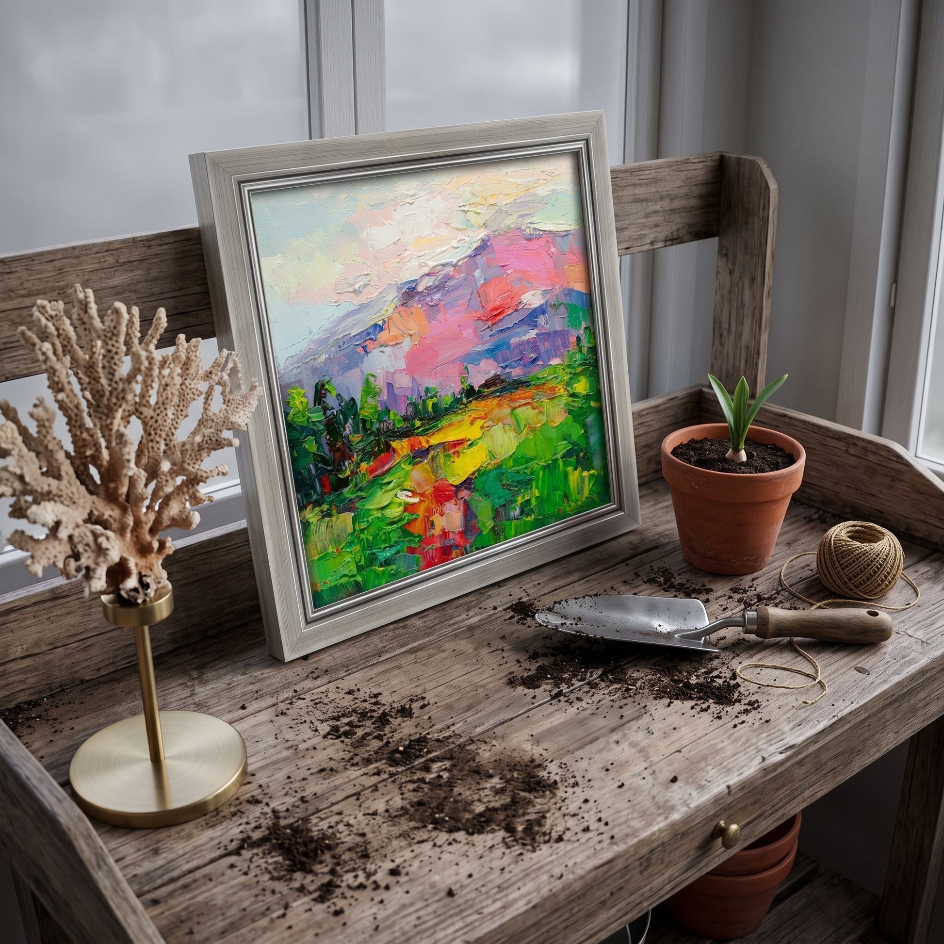 Rustic farmhouse entryway — vibrant Impressionist landscape painting elevates natural wood console with bold color and texture
