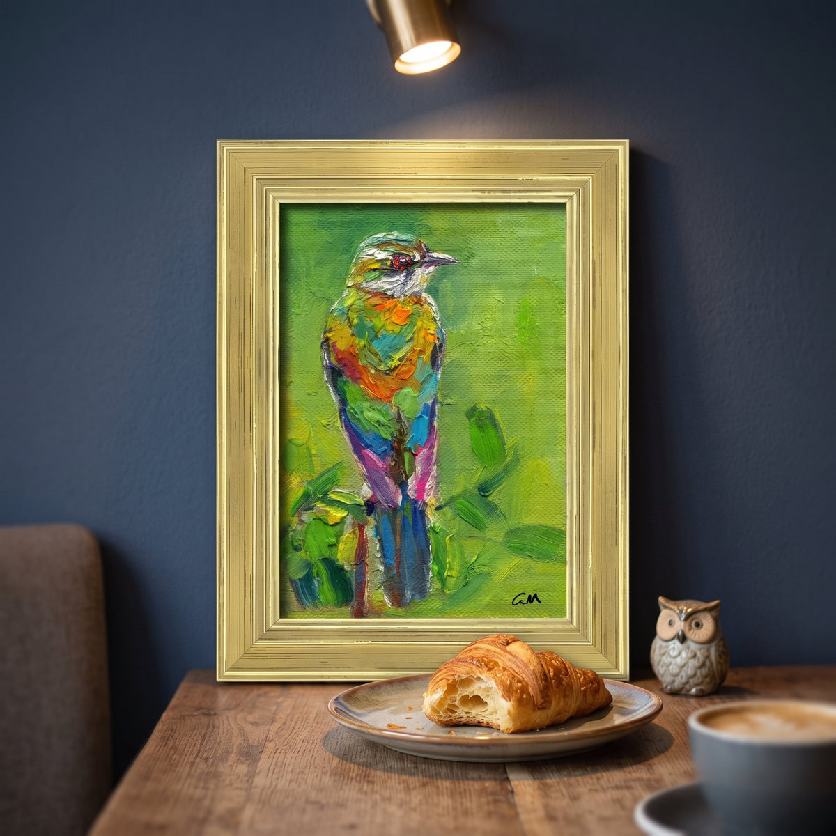 Contemporary café nook — vibrant expressionist bird painting adds color and life to the space