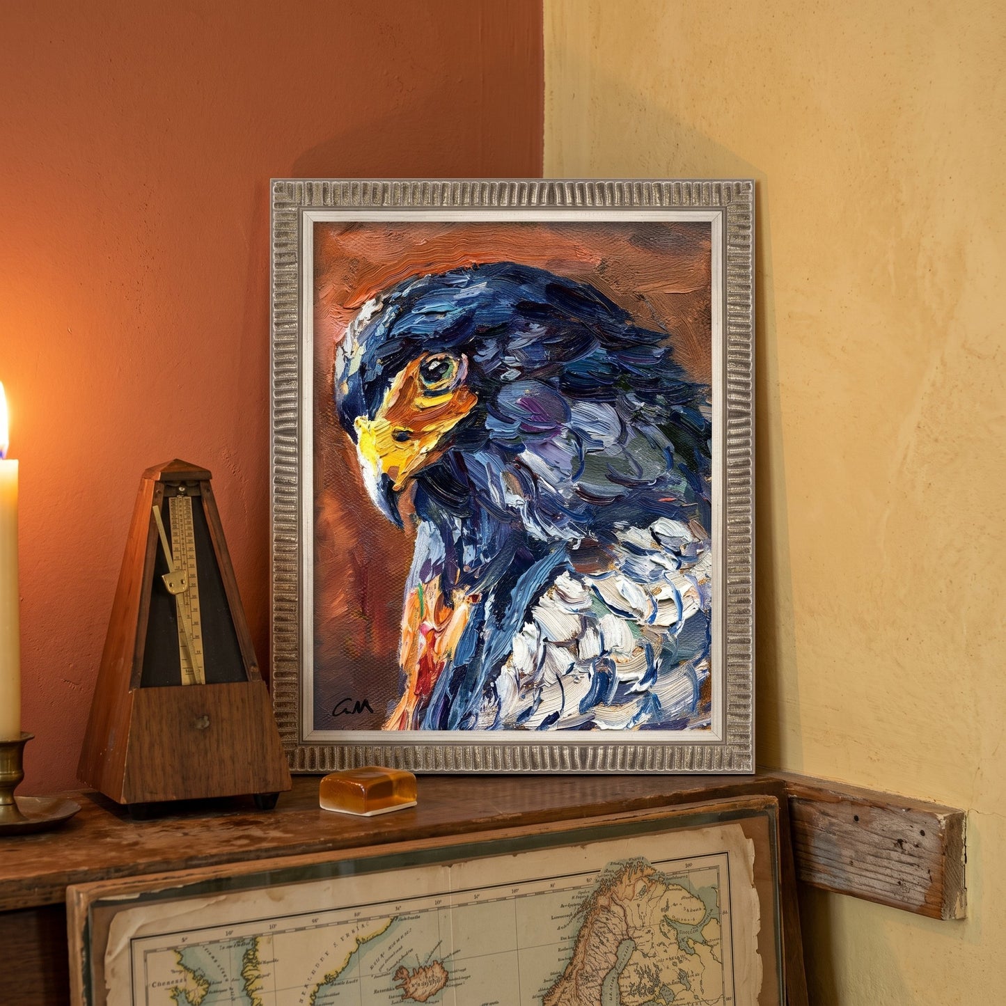 Rustic farmhouse study — expressive bird portrait adds drama and warmth to vintage-inspired space