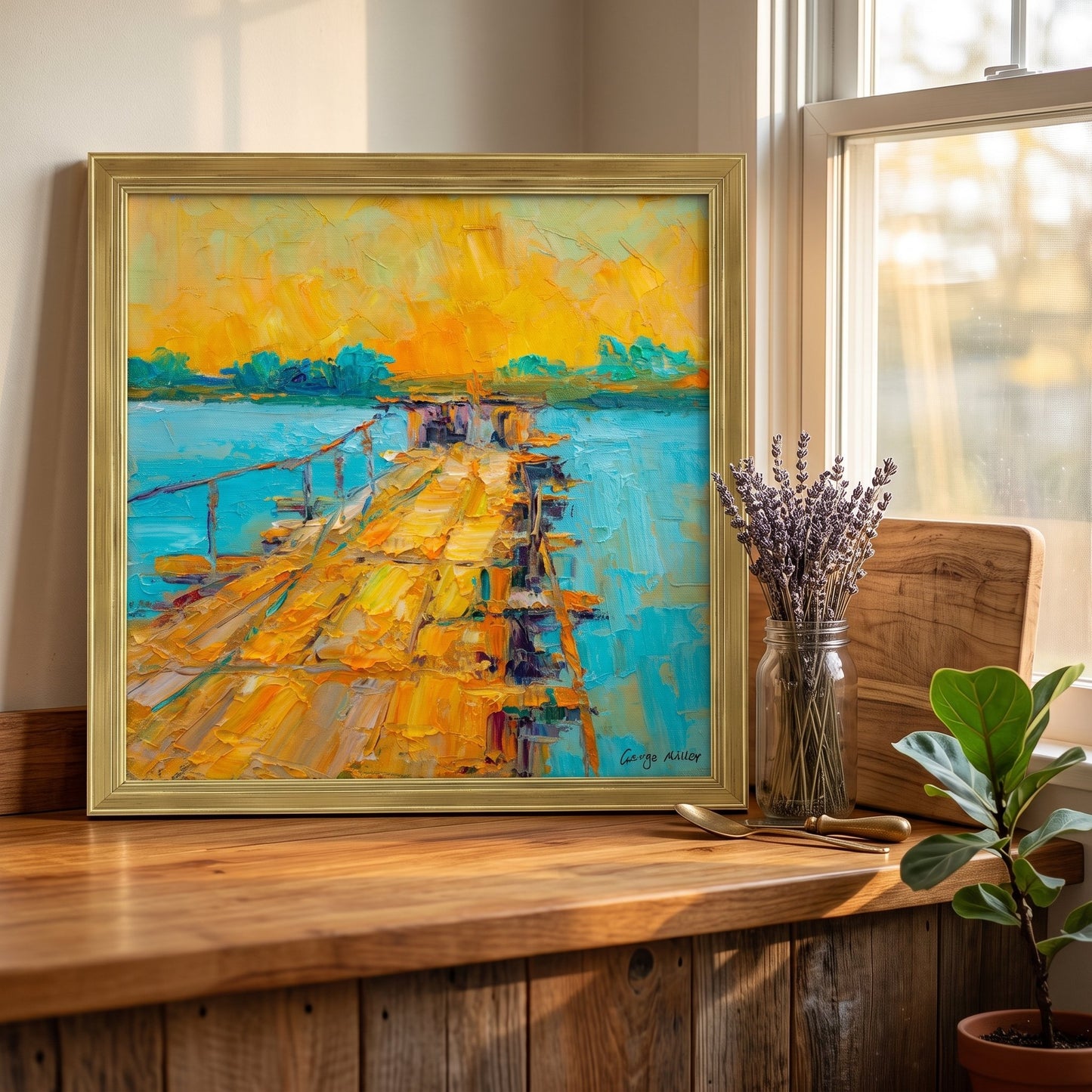 RusticFarmhouseLivingRoom — VibrantImpressionistLandscapePaintingEnhancesNaturalLightAndWarmWoodTones