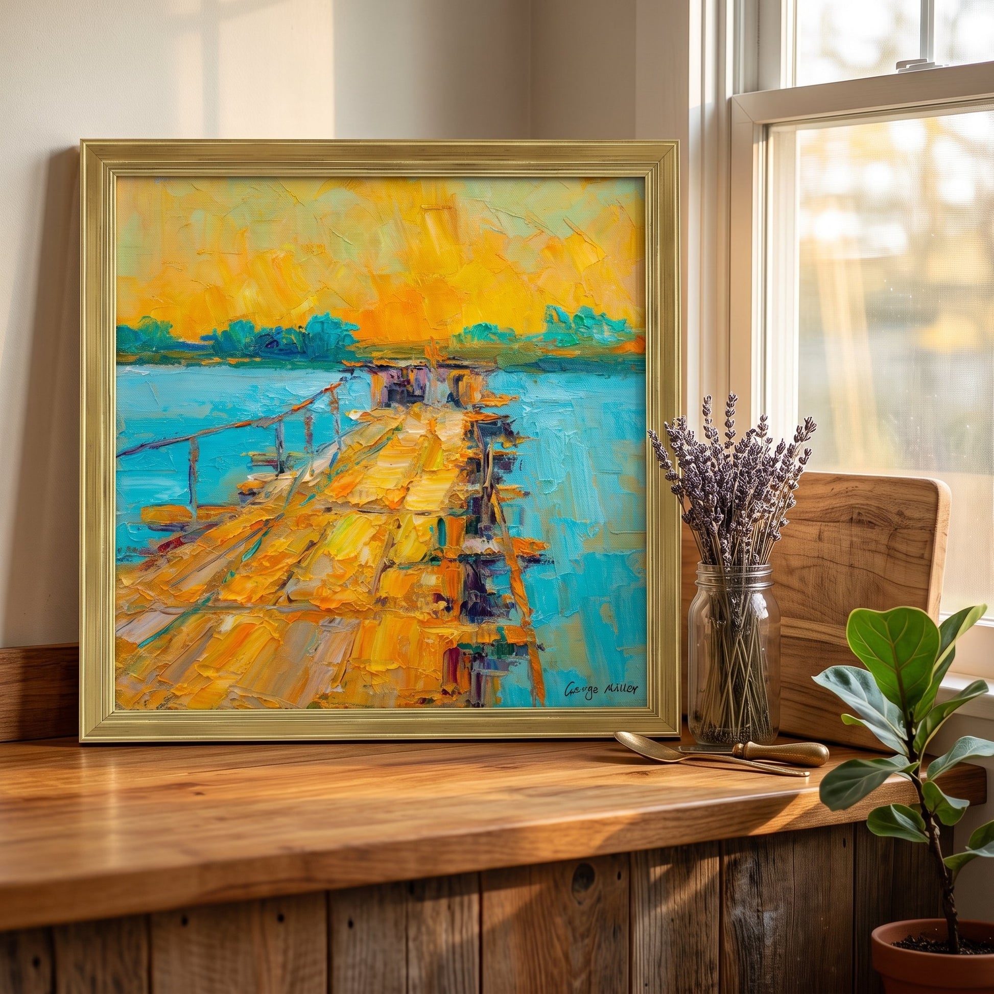 RusticFarmhouseLivingRoom — VibrantImpressionistLandscapePaintingEnhancesNaturalLightAndWarmWoodTones