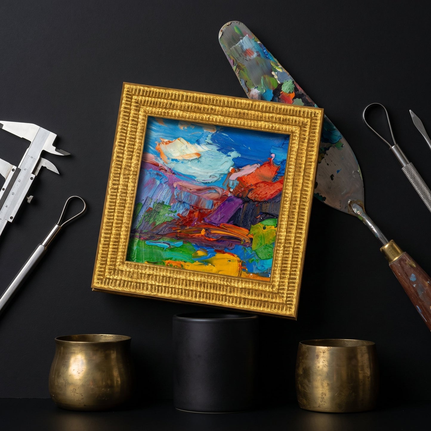 Contemporary art studio — expressive landscape painting adds vibrant energy and artistic depth to the creative space