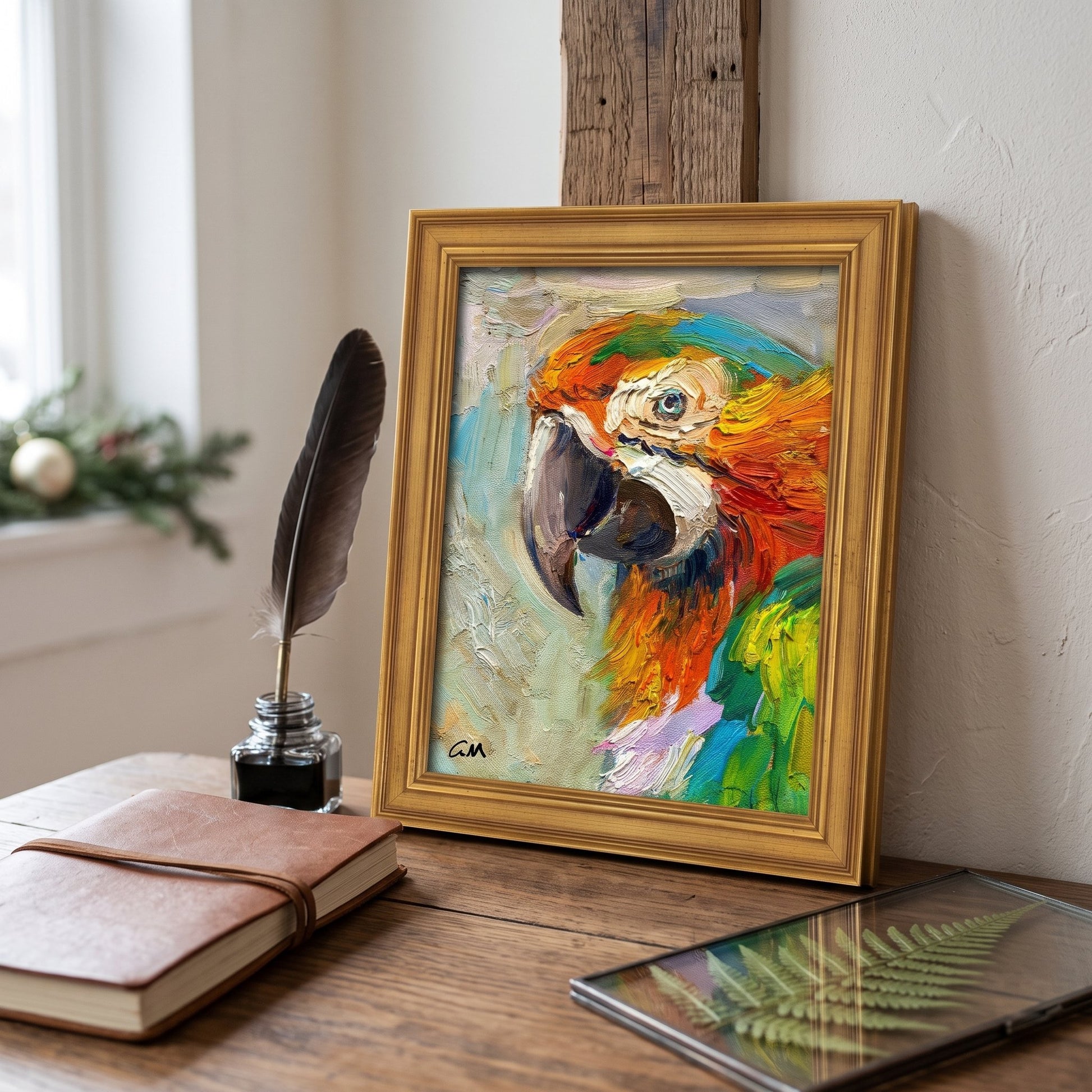 Rustic farmhouse study — vibrant expressionist parrot painting adds color and life to a serene workspace