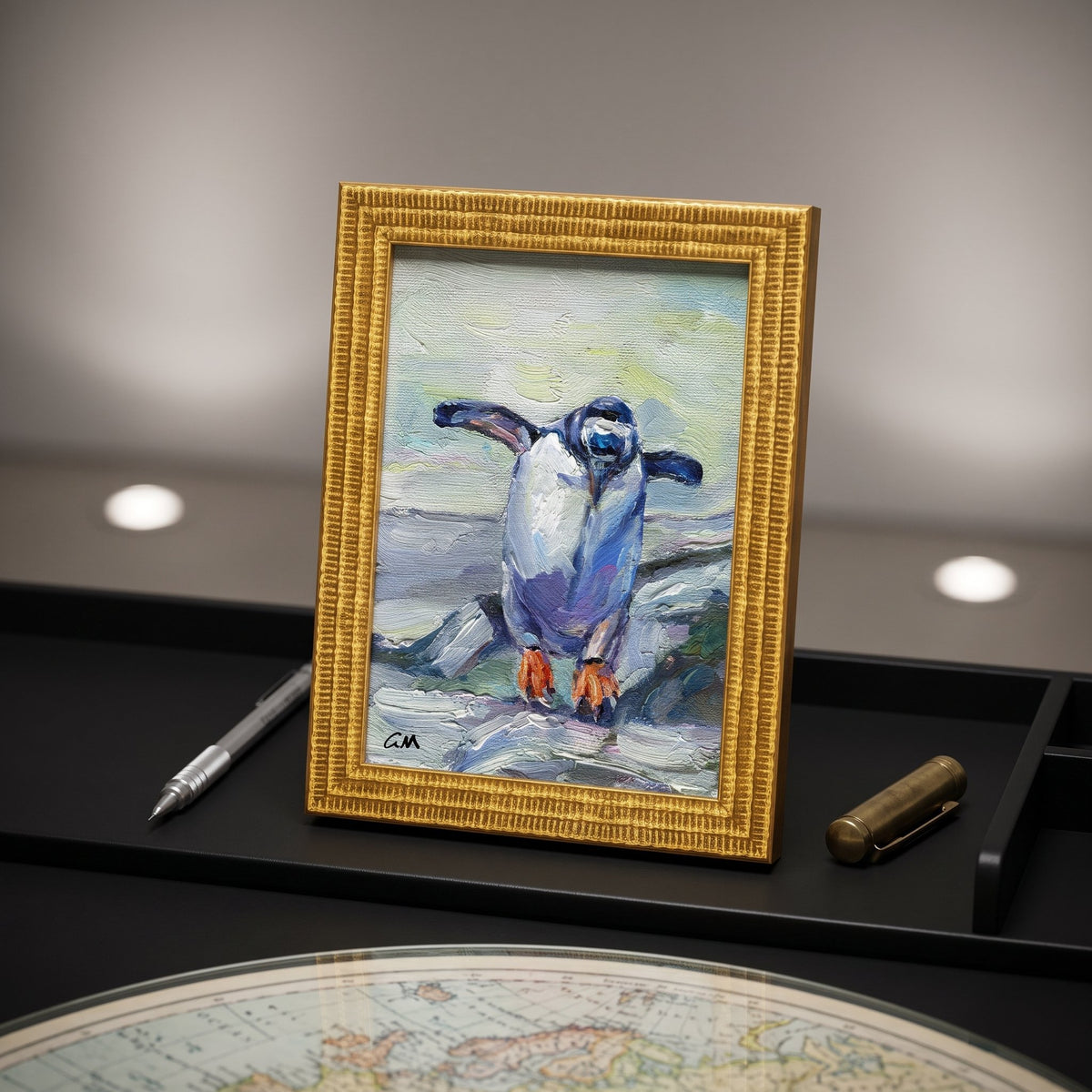 Modern study, minimalist decor — original Impressionist penguin painting adds vibrant charm and artistic focus