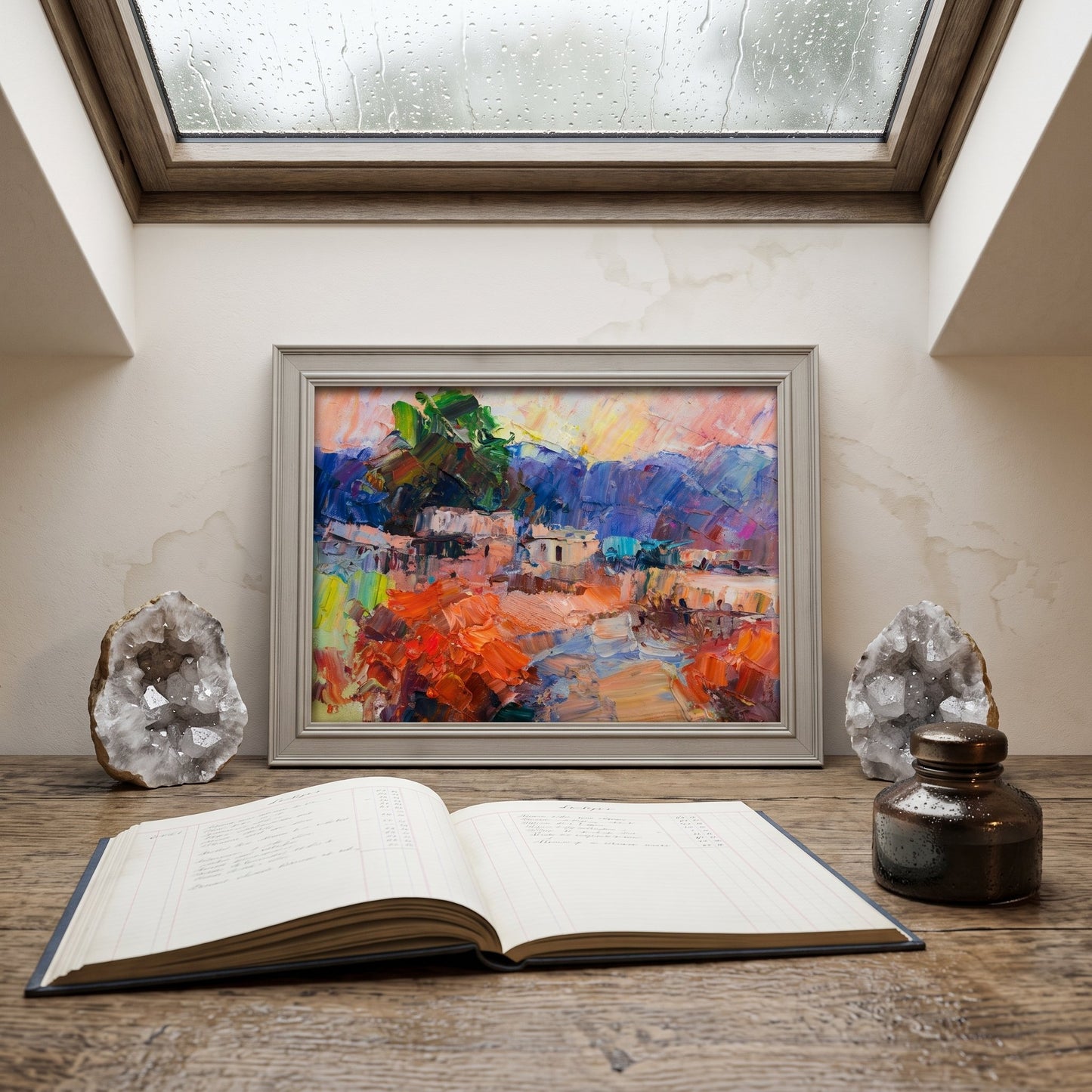 Minimalist home office — vibrant Expressionist landscape painting adds color and energy to a serene workspace