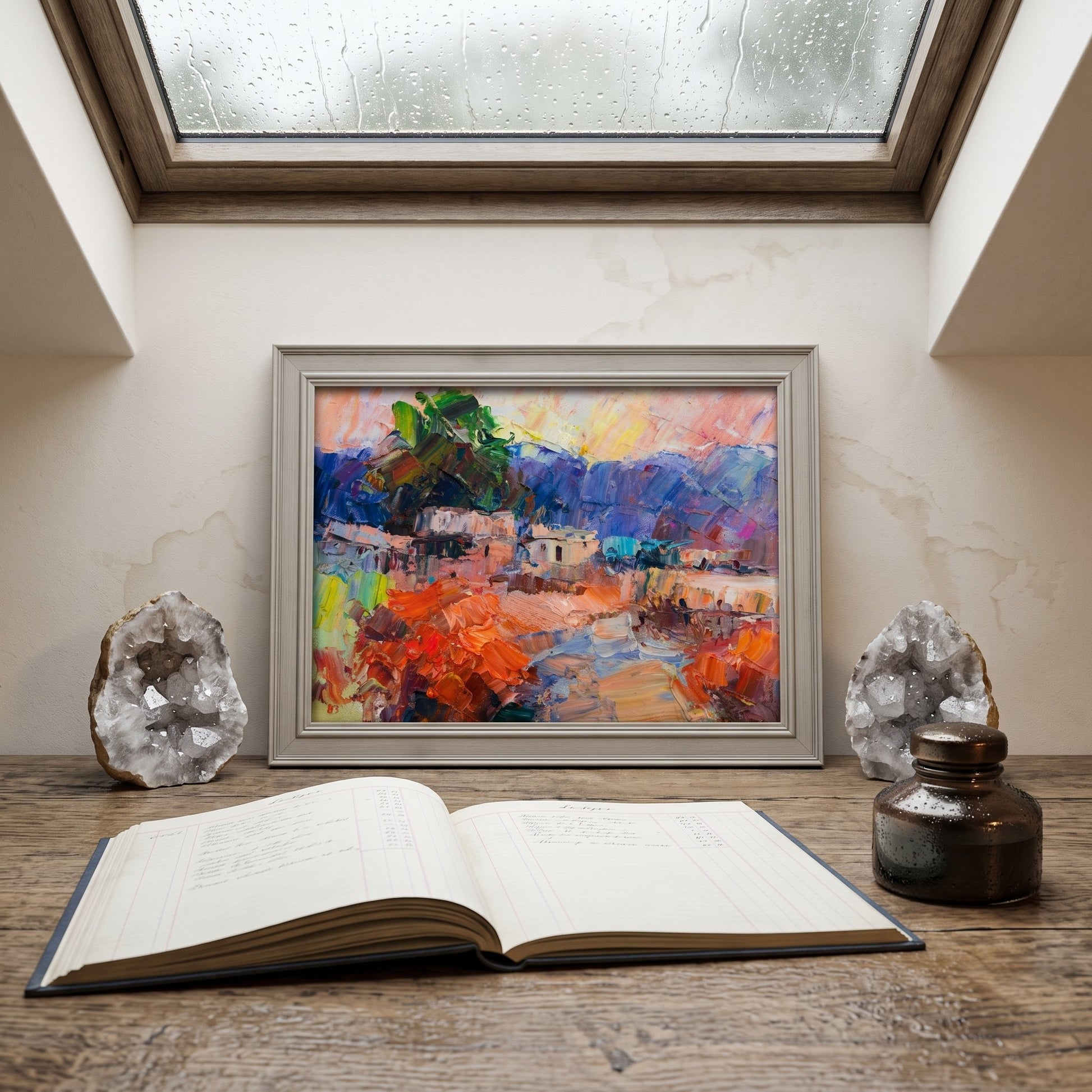 Minimalist home office — vibrant Expressionist landscape painting adds color and energy to a serene workspace