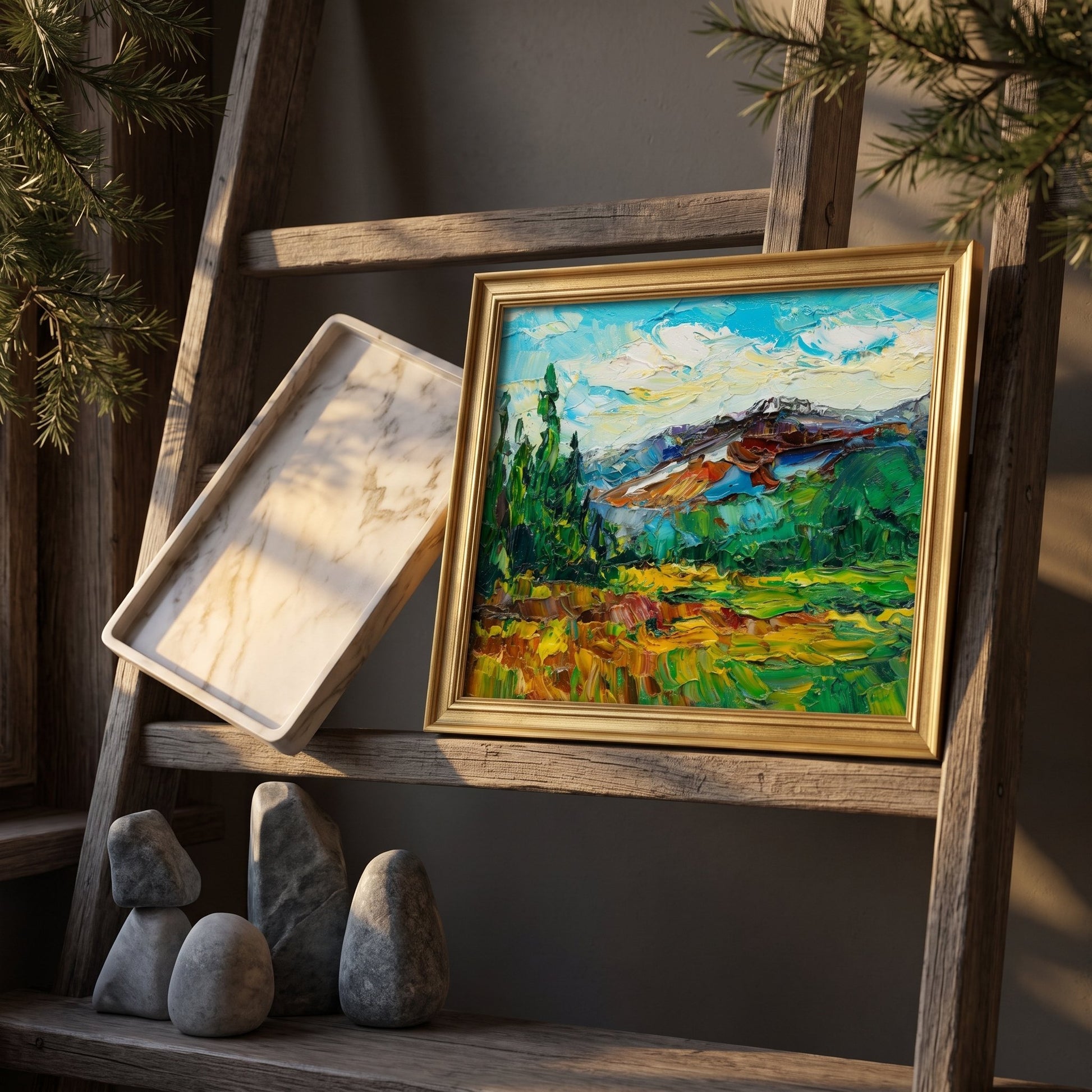 Rustic Farmhouse Entryway — Vibrant Impressionist Landscape Adds Color and Life to Natural Wood and Stone Decor