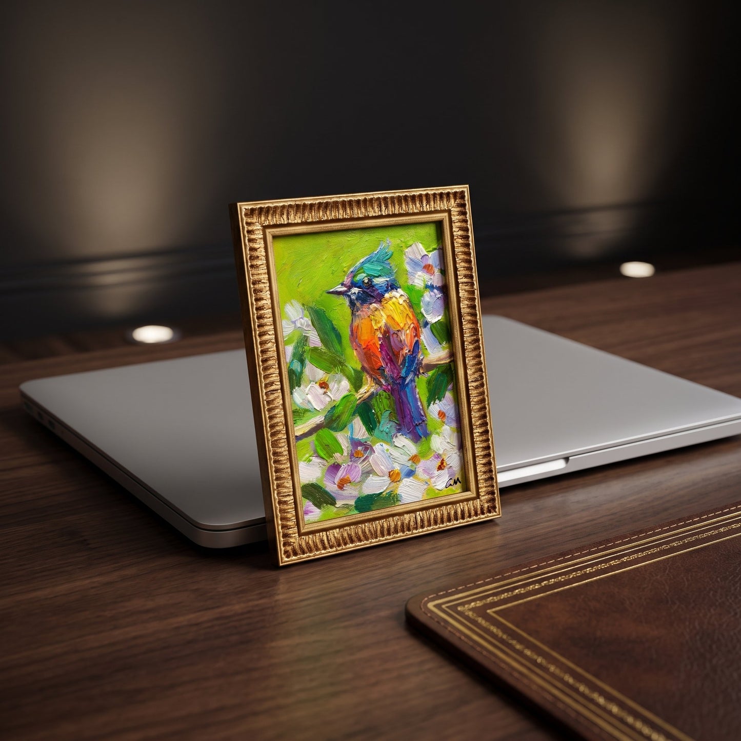HomeOffice, Minimalist — Vibrant expressionist bird painting adds color and life to a sleek workspace